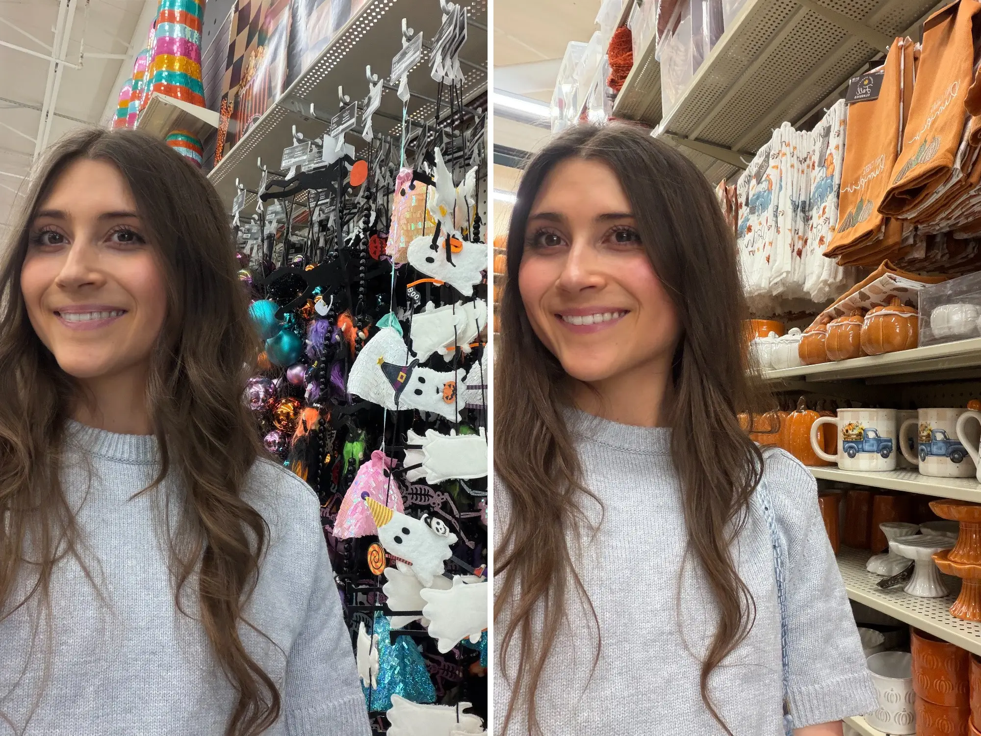 Side by side of Savannah Born with Michaels Halloween aisle next to Savannah at Hobby Lobby fall decor aisle