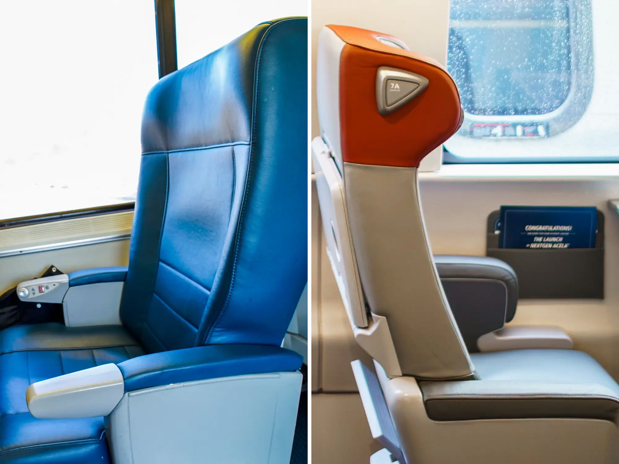 Two upholstered passenger cabin seats shown side by side, one blue and one beige with red headrest trim.