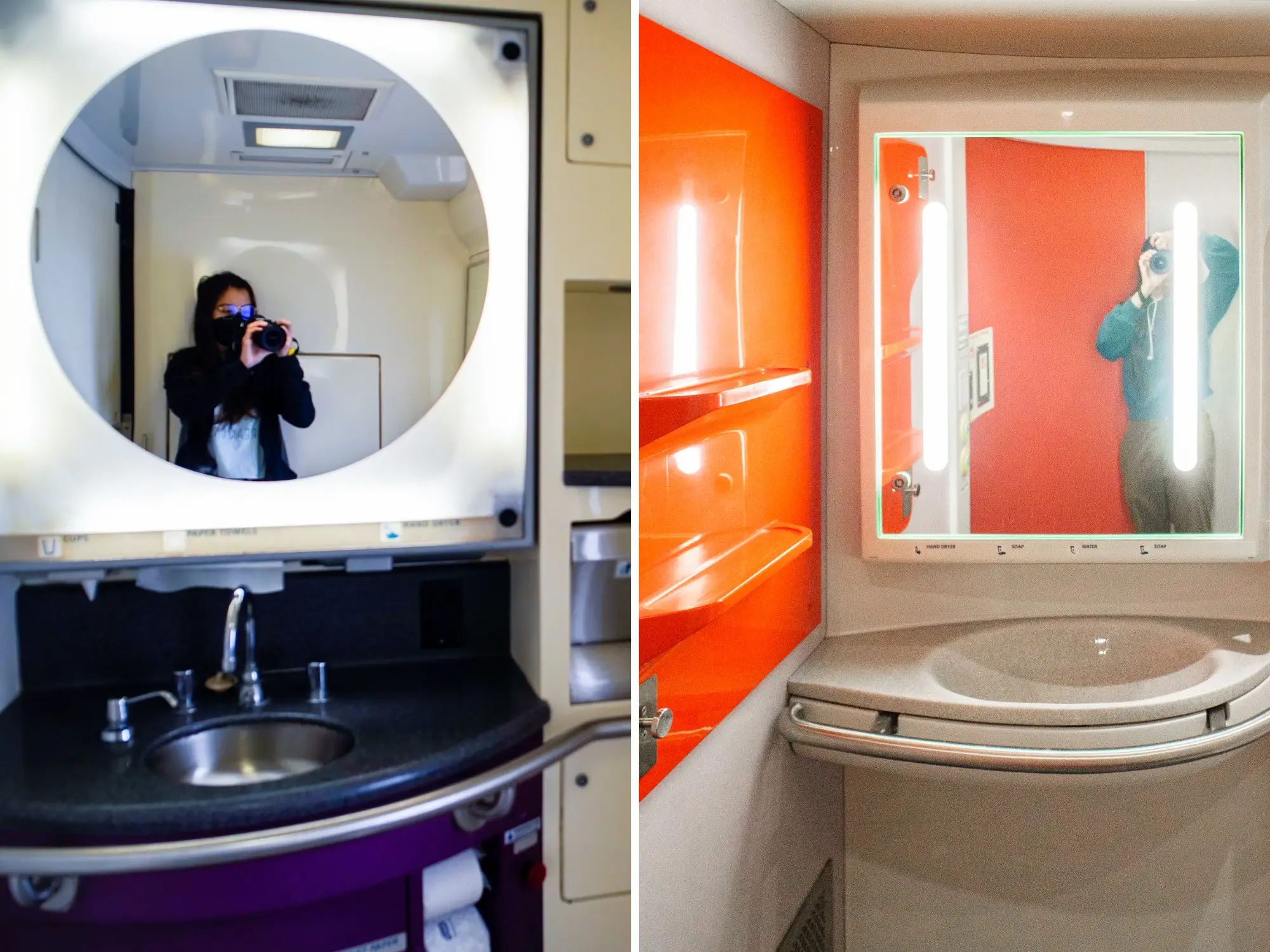 Side-by-side lavatory interiors show mirror reflections of people holding cameras above sinks and illuminated mirrors.