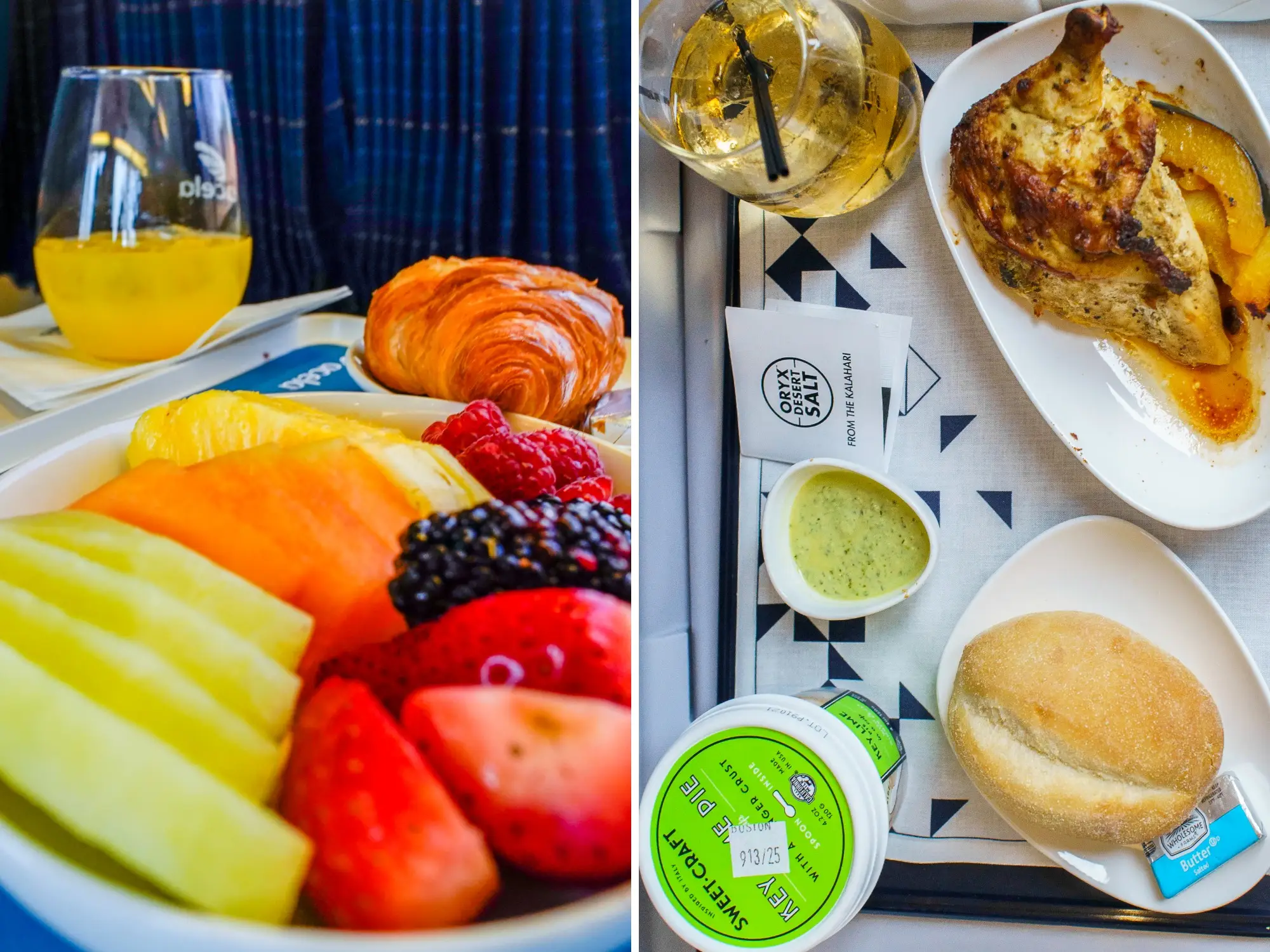 Meal trays show fruit, croissant, drinks, roasted chicken, bread roll, butter, and drinks