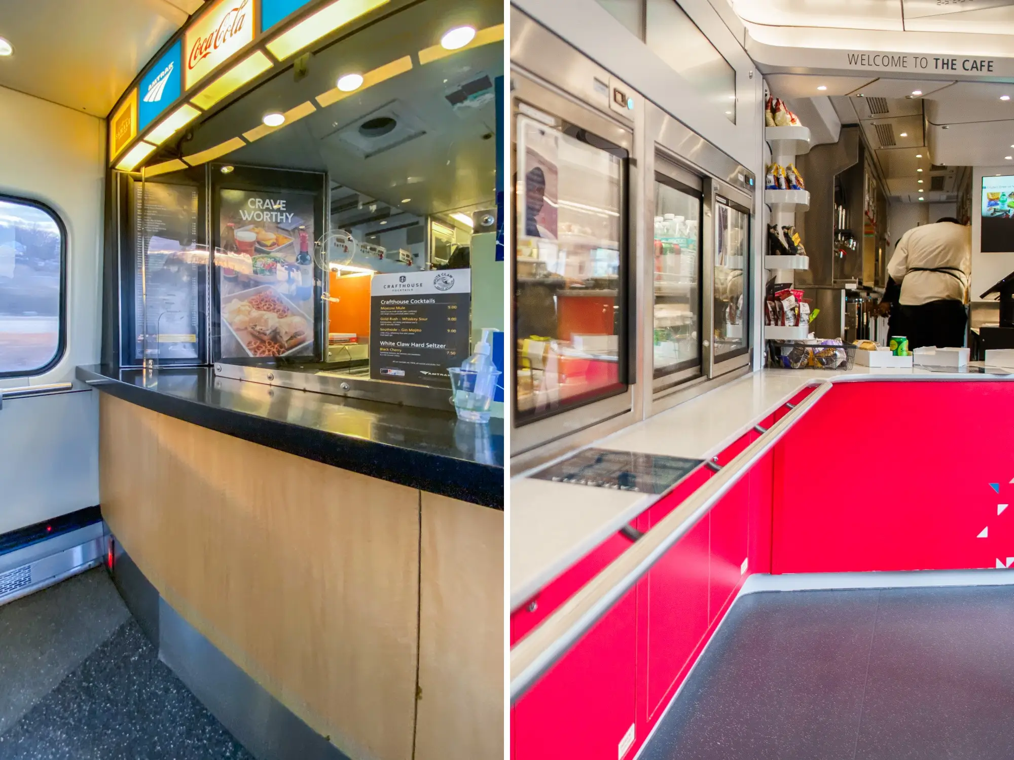 Two train café counter interiors show signage, refrigerated cases, snacks, and a staff member behind a red service area.