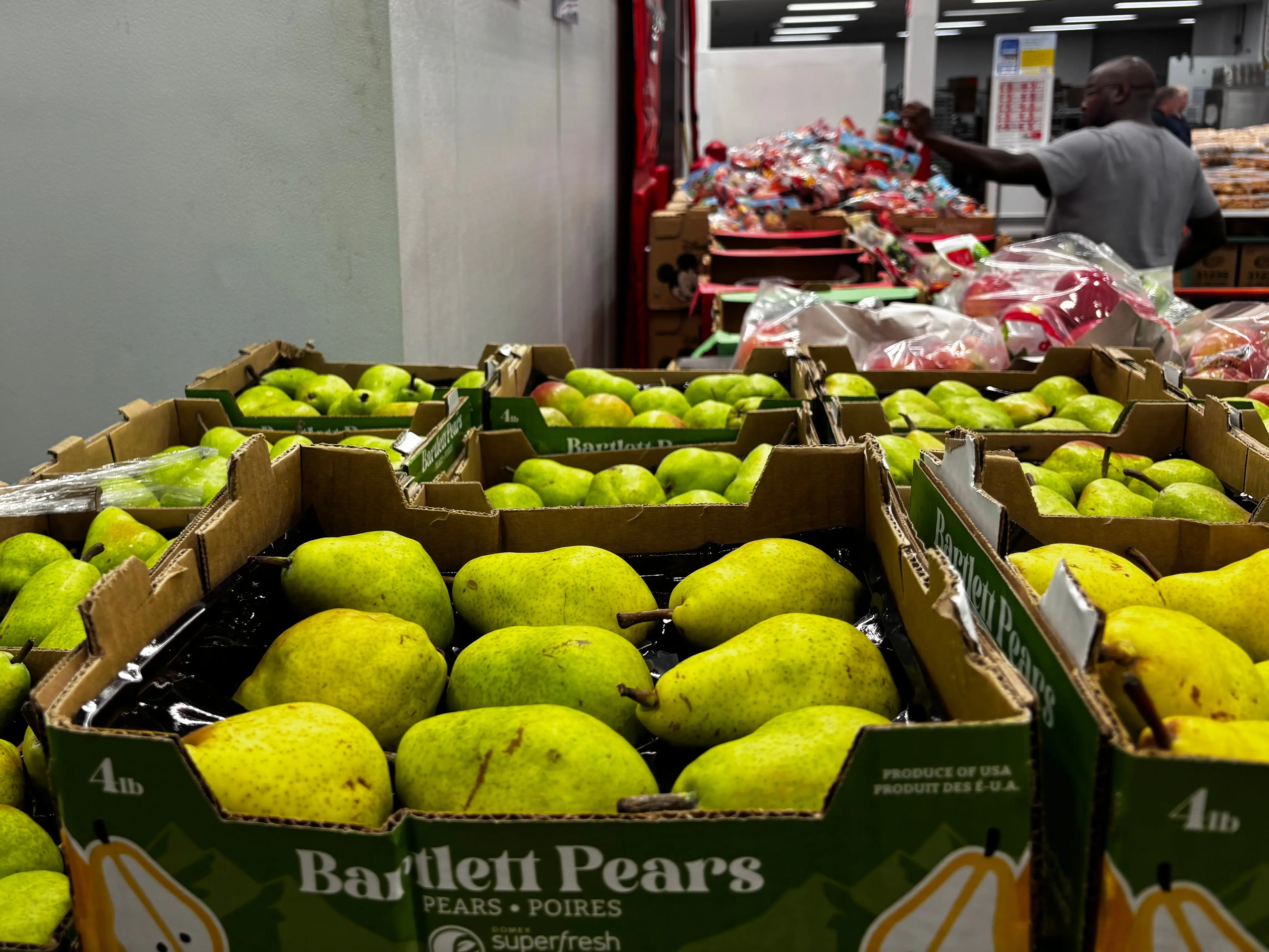 Cases of Bartlett Pears at Costco