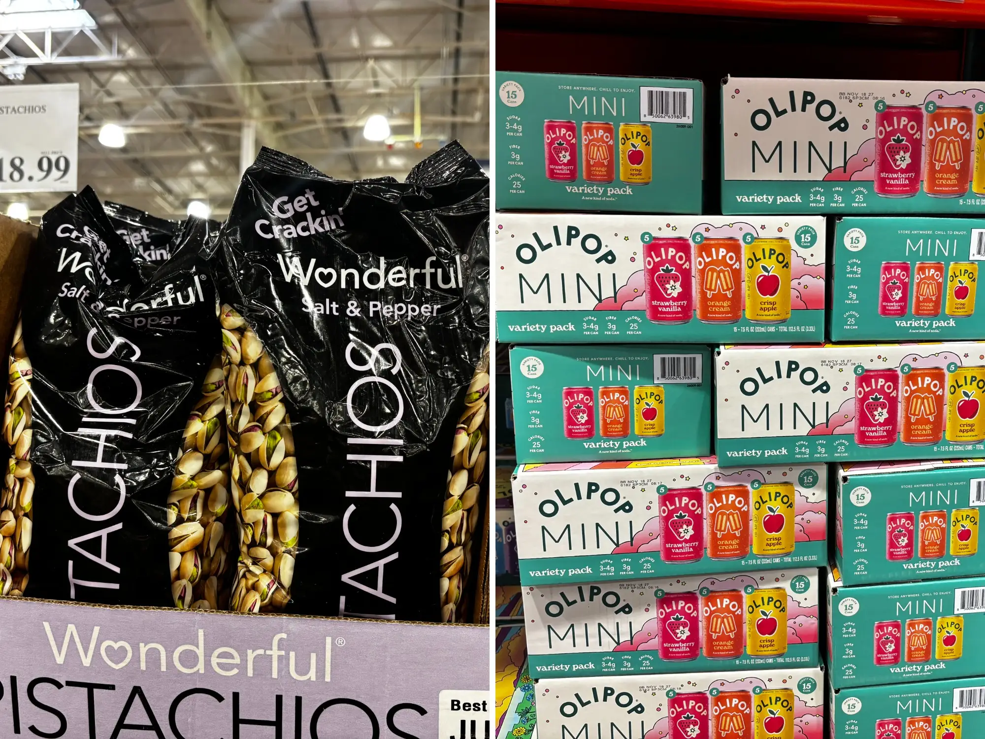 Composite of bagged Wonerful pistachios at Costco next to olipop mini variety pack