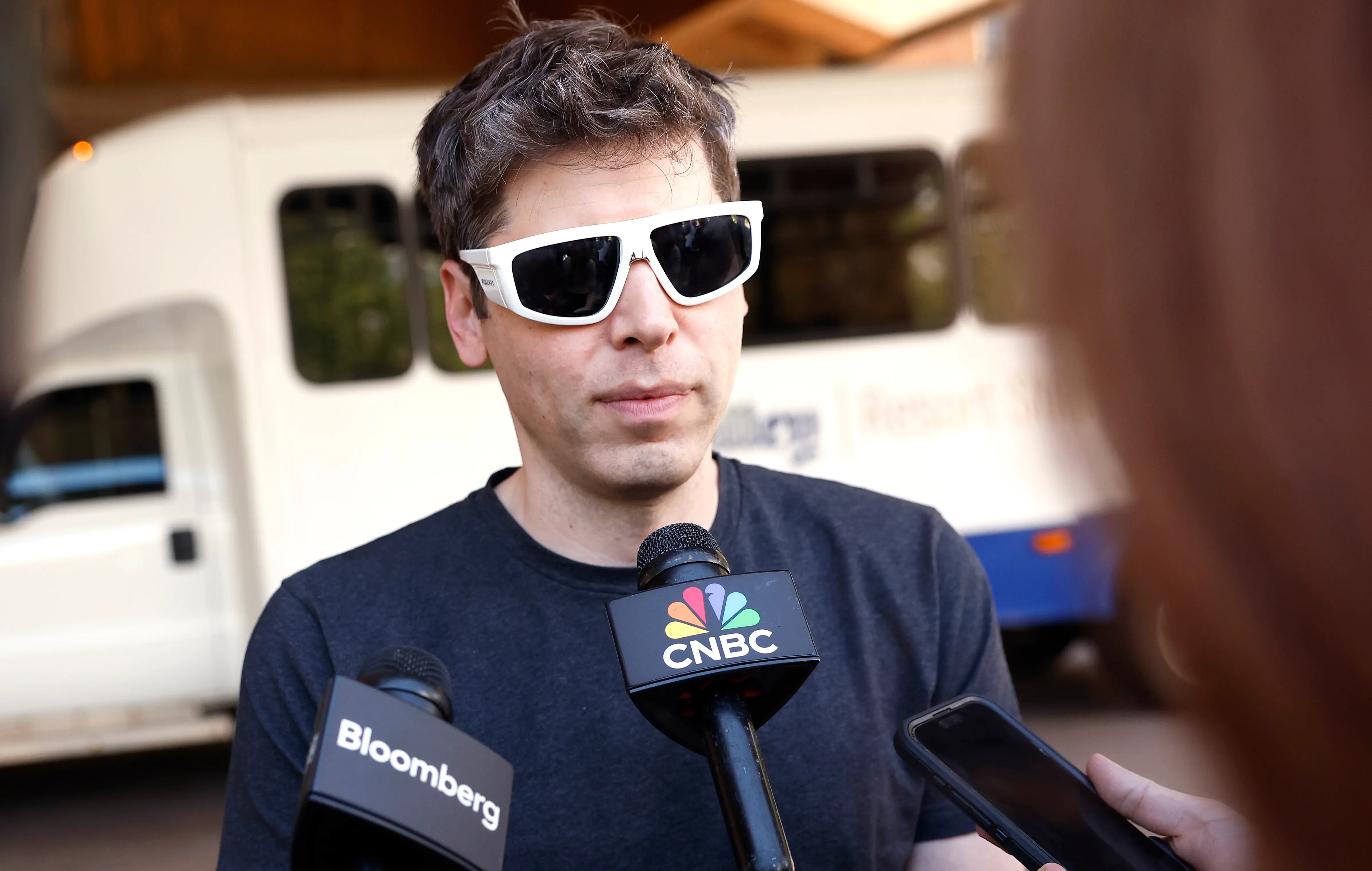 Sam Altman talks to reporters in Sun Valley