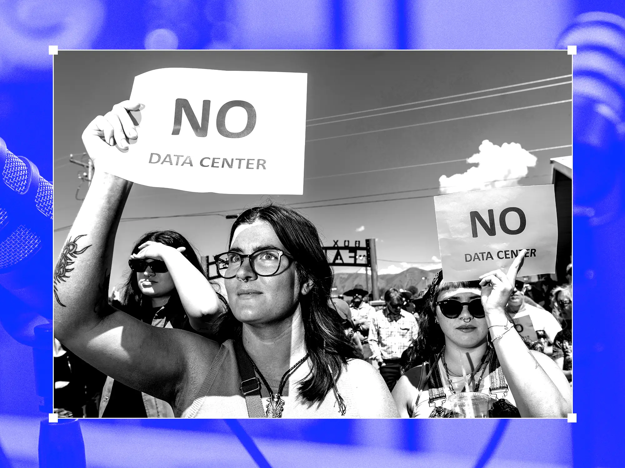 PK Template with a photo of a Data center protest in the middle