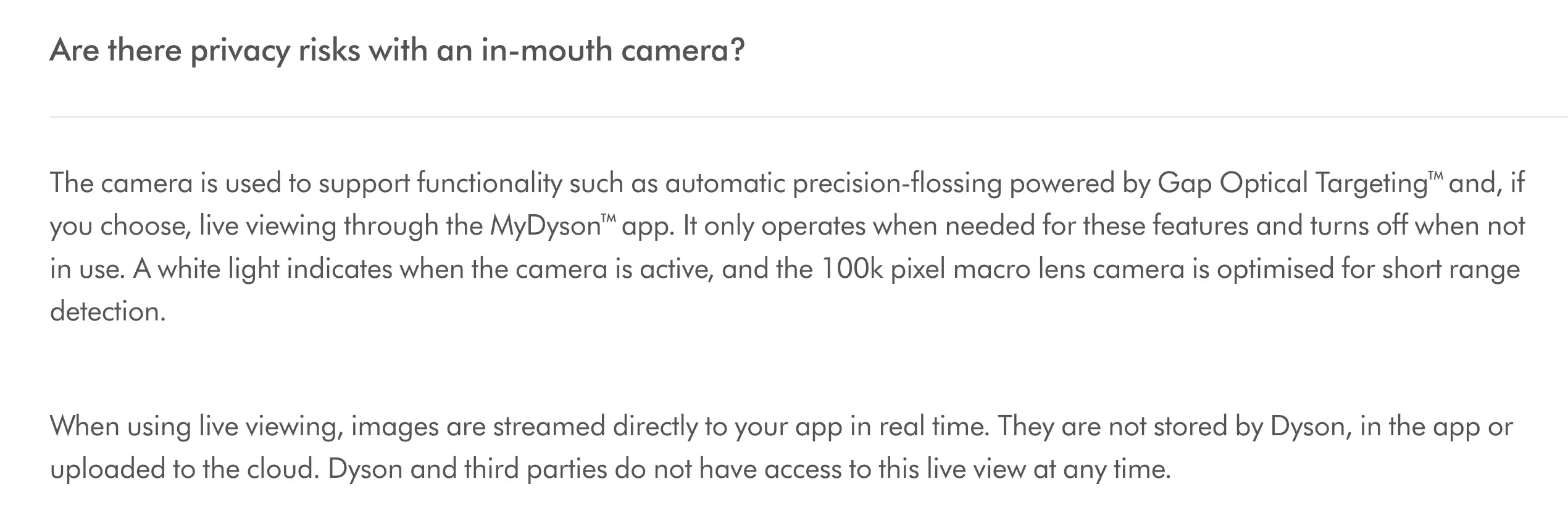 Dyson's Q&A page about the CameraJet toothbrush and flosser.