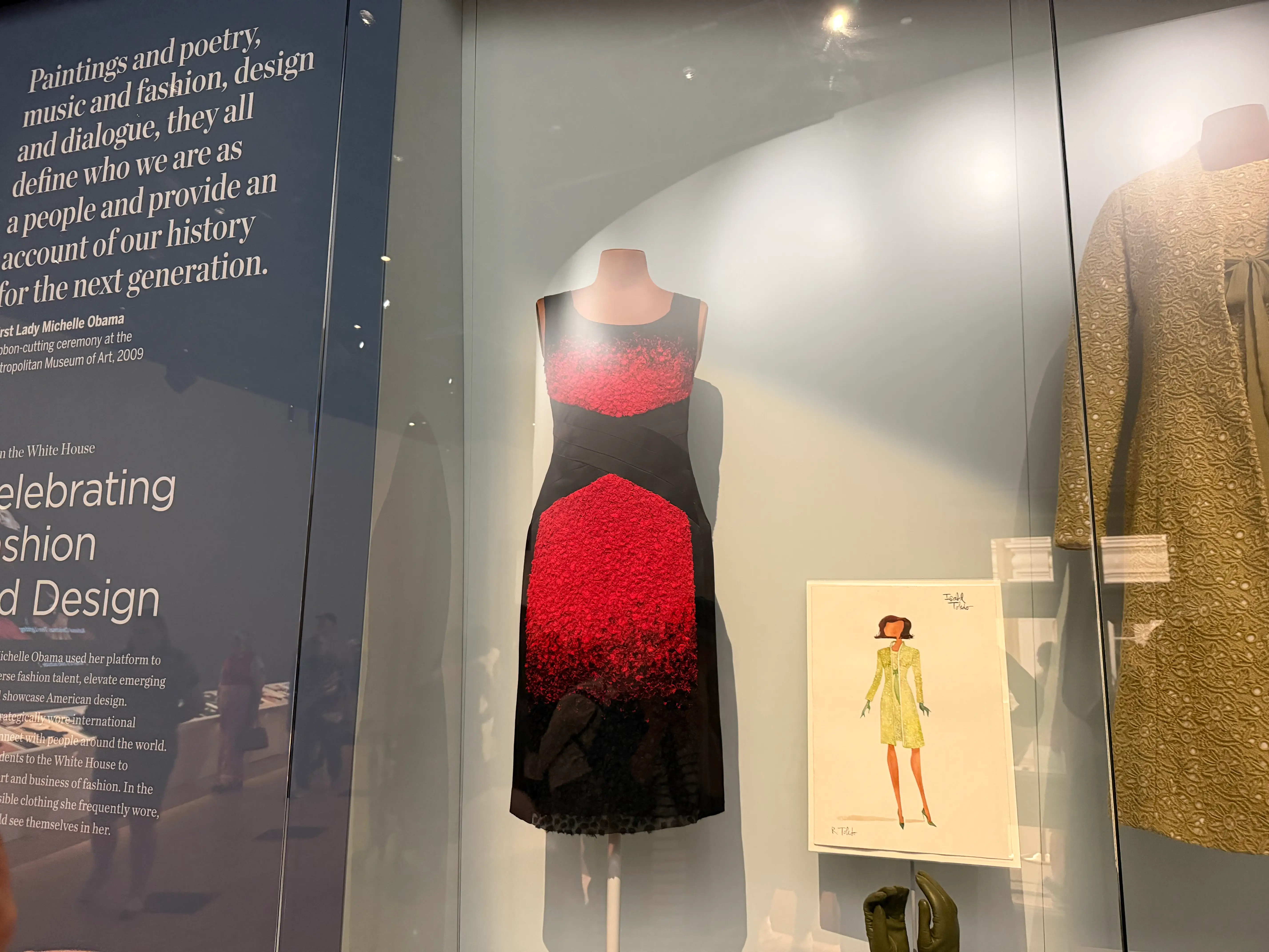 Michelle Obama Narciso Rodriguez dress on display at the Obama Presidential Center in Chicago.