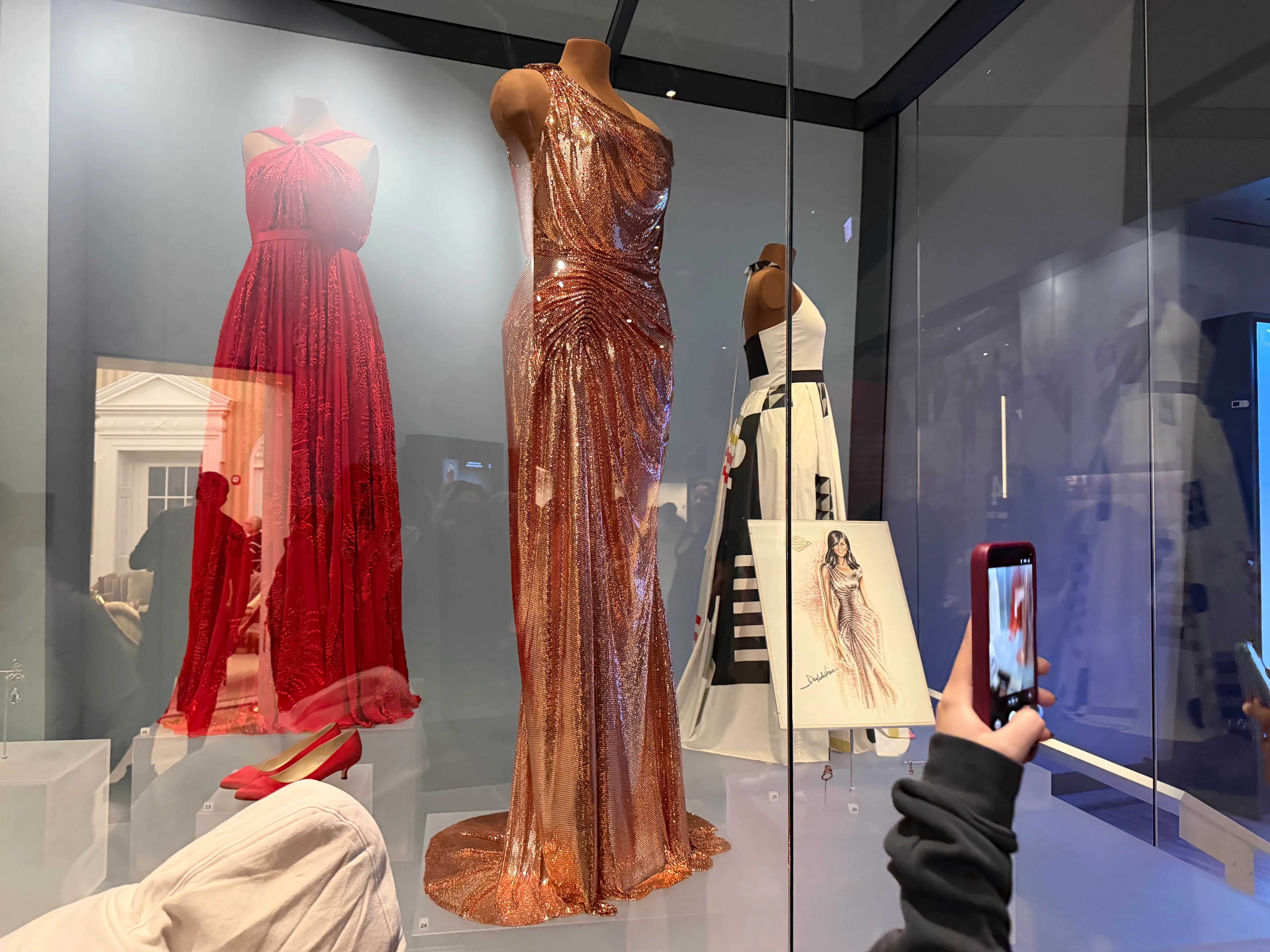 Michelle Obama Versace dress on display at the Obama Presidential Center in Chicago