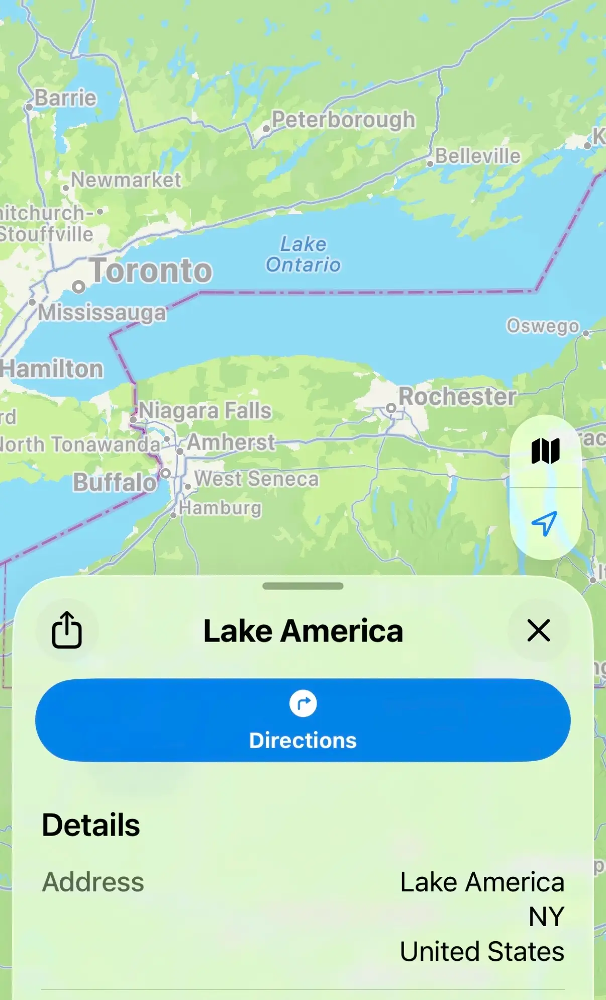 Screenshot of Lake America in Apple Maps