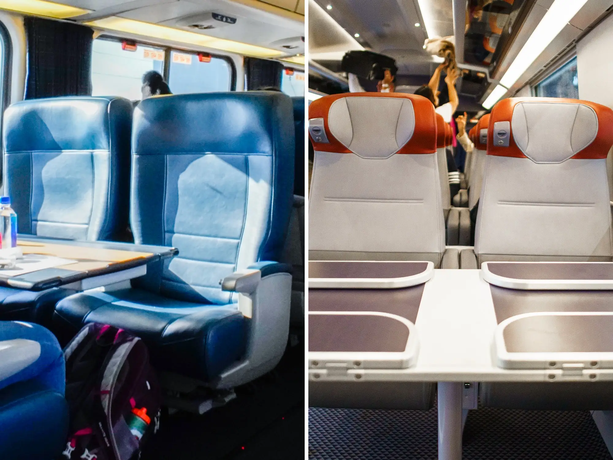 Side-by-side views of passenger train seating areas with tables, overhead lights, windows, and luggage on Amtrak Acela