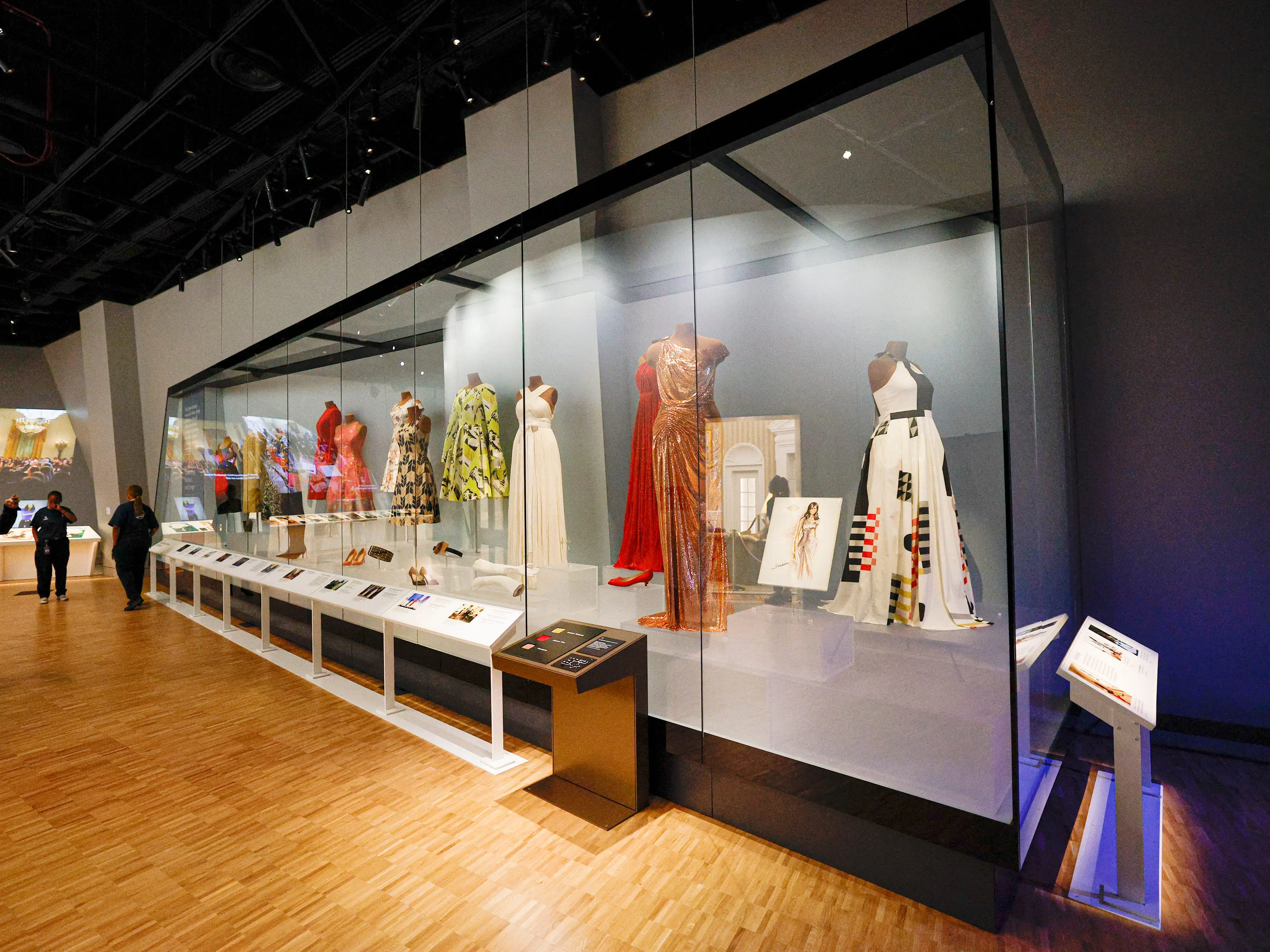 Michelle Obama dresses are seen in the Museum Tower at the Obama Presidential Center Campus in Chicago, on June 3, 2026. The dedication ceremony for the center will take place on June 18, 2026, and will open to the public on the following day on the Juneteenth holiday.