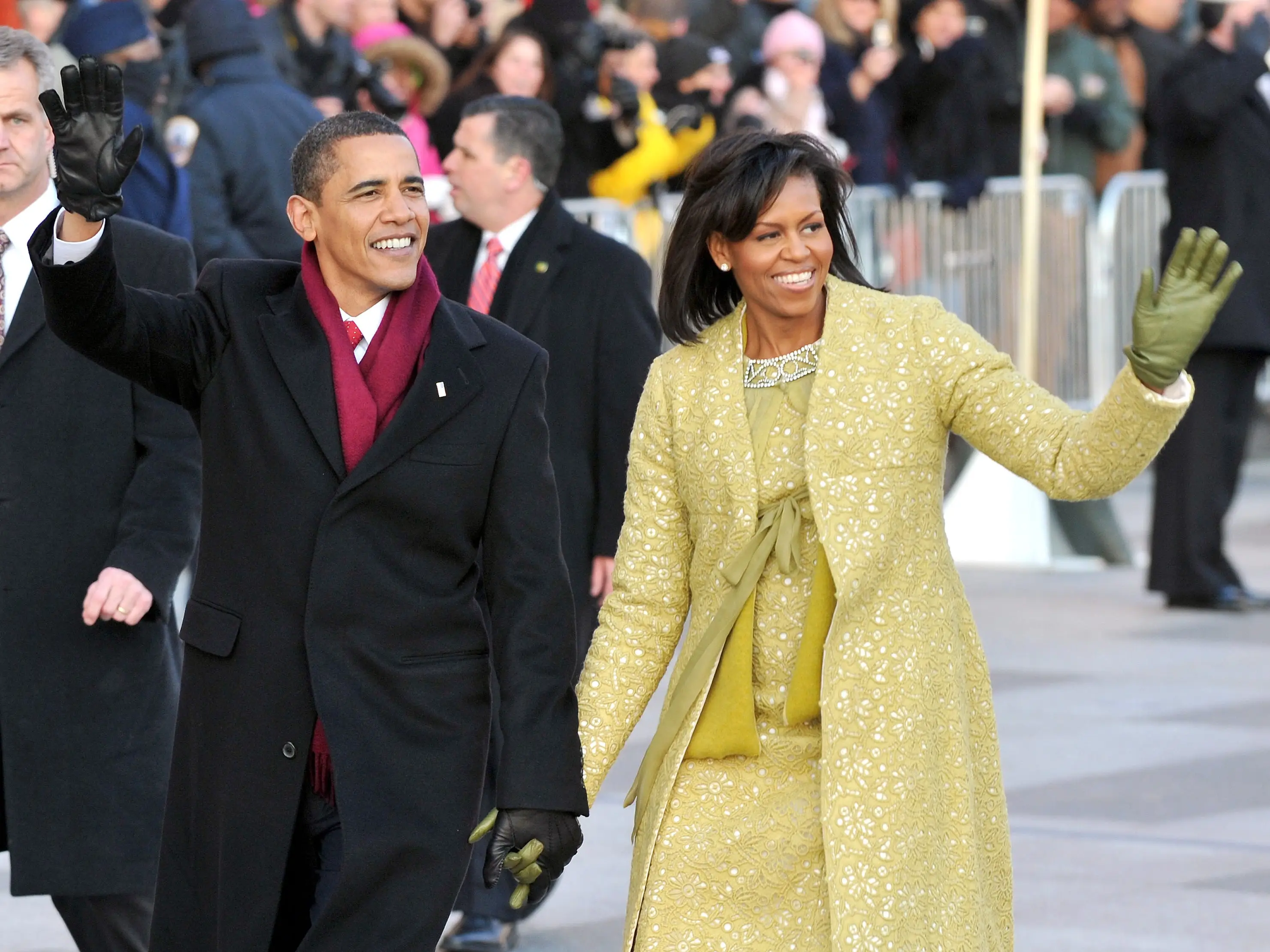 resident Barack Obama and first lady Michelle Obama walk in the Inaugural Parade on January 20, 2009 in Washington, DC. Obama was sworn in as the 44th President of the United States, becoming the first African-American to be elected President of the US.