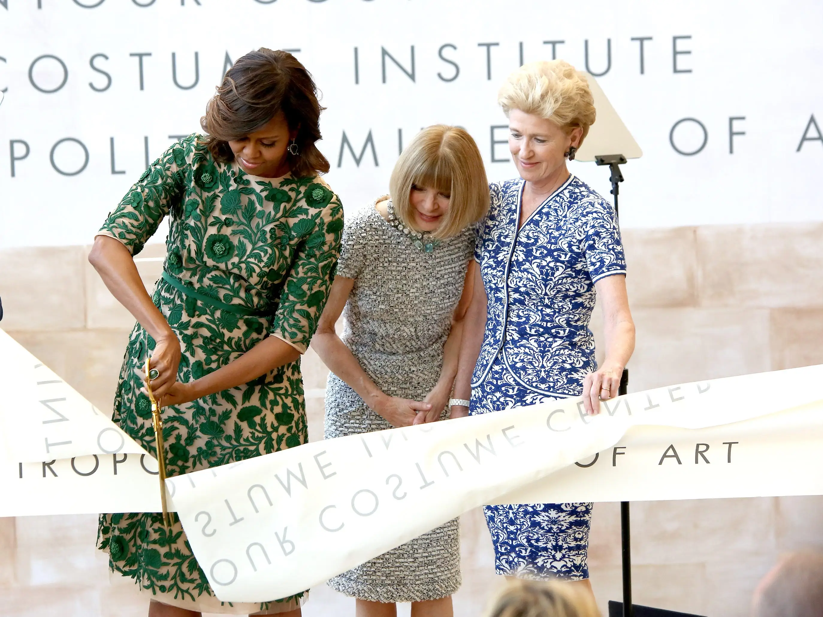 First Lady of the United States Michelle Obama, Vogue Editor in Chief Anna Wintour and Metropolitan Museum of Art President Emily K. Rafferty attend the Anna Wintour Costume Center Grand Opening at the Metropolitan Museum of Art on May 5, 2014 in New York City.
