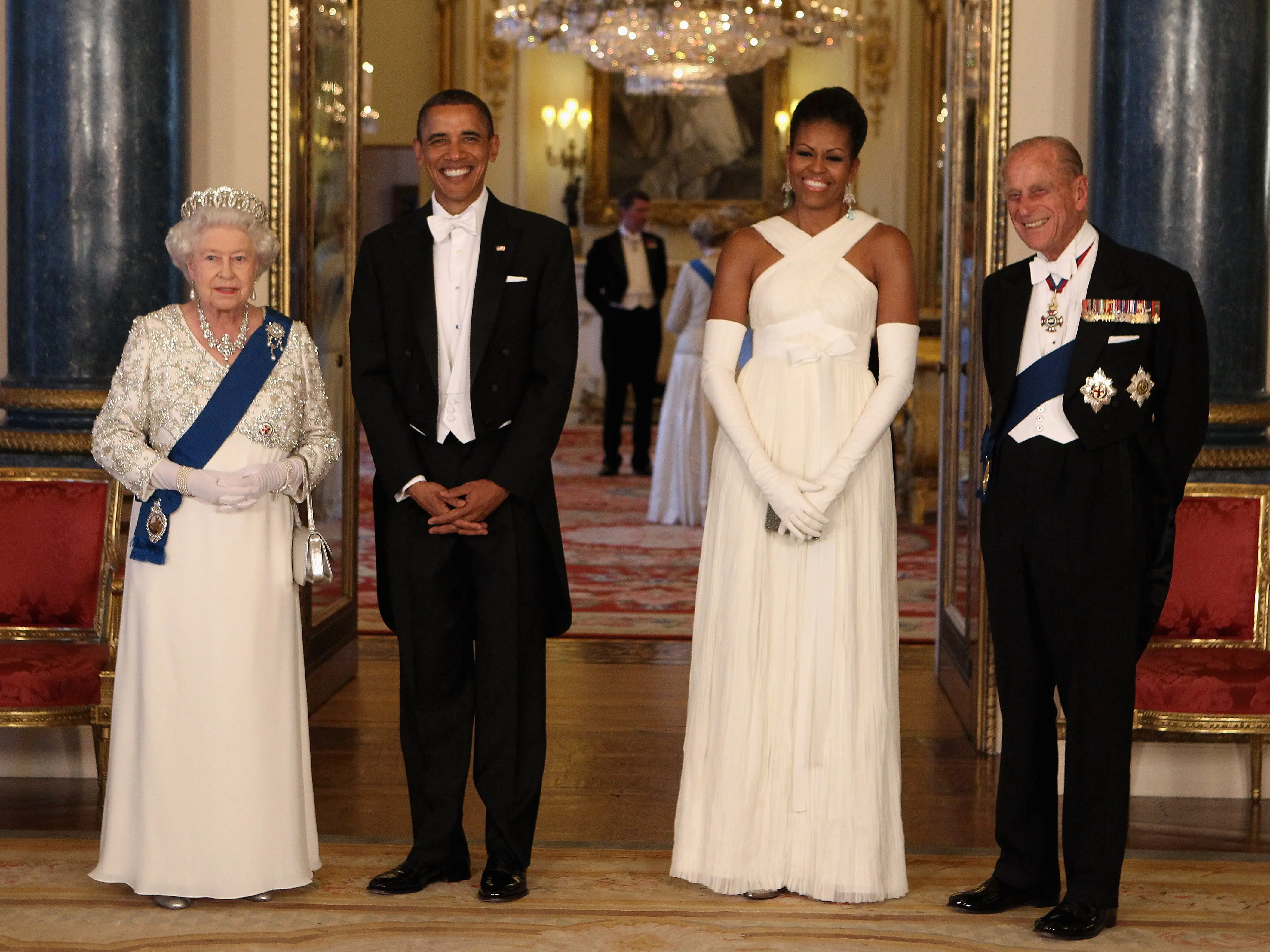 Queen Elizabeth II poses with U.S. President Barack Obama, his wife Michelle Obama and Prince Philip, Duke of Edinburgh in the Music Room of Buckingham Palace ahead of a State Banquet on May 24, 2011 in London, England.