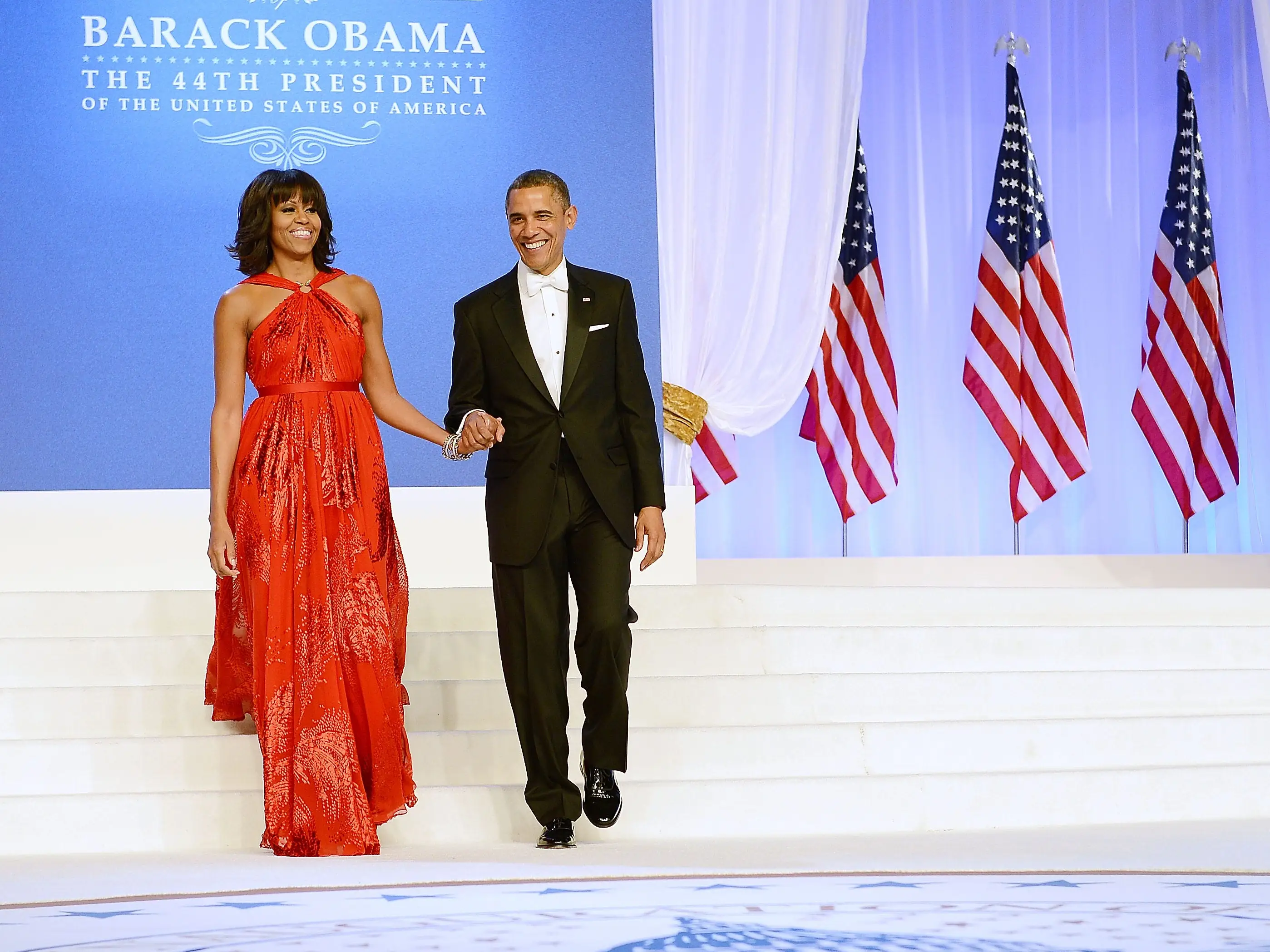 U.S. President Barack Obama and first lady Michelle Obama arrive together for The Inaugural Ball at the Walter E. Washington Convention Center on January 21, 2013 in Washington, United States.