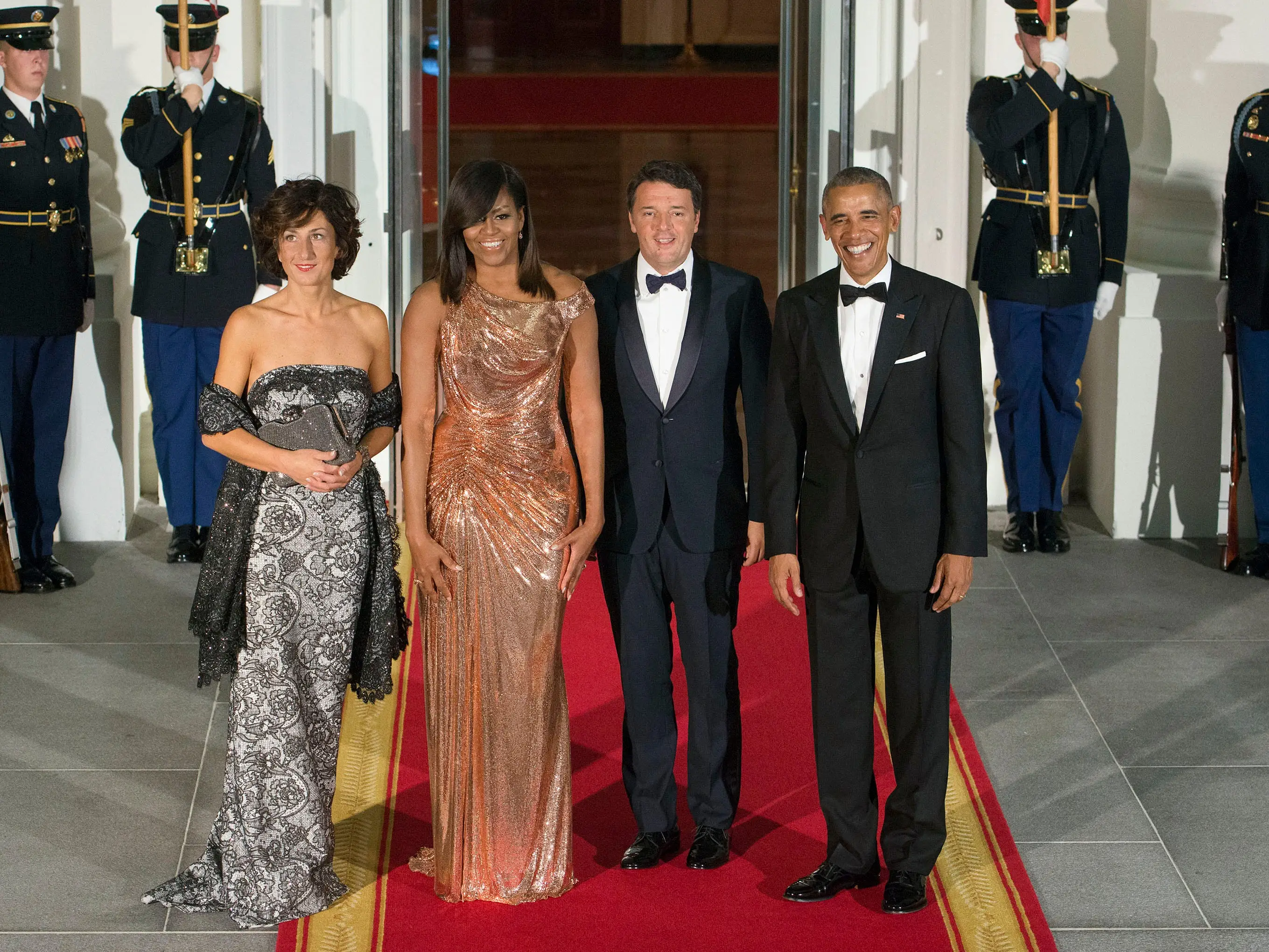 Agnese Landini, First Lady Michelle Obama, Italian Prime Minister Matteo Renzi and President Barack Obama enter the White House for the State Dinner on October 18, 2016 in Washington, DC.