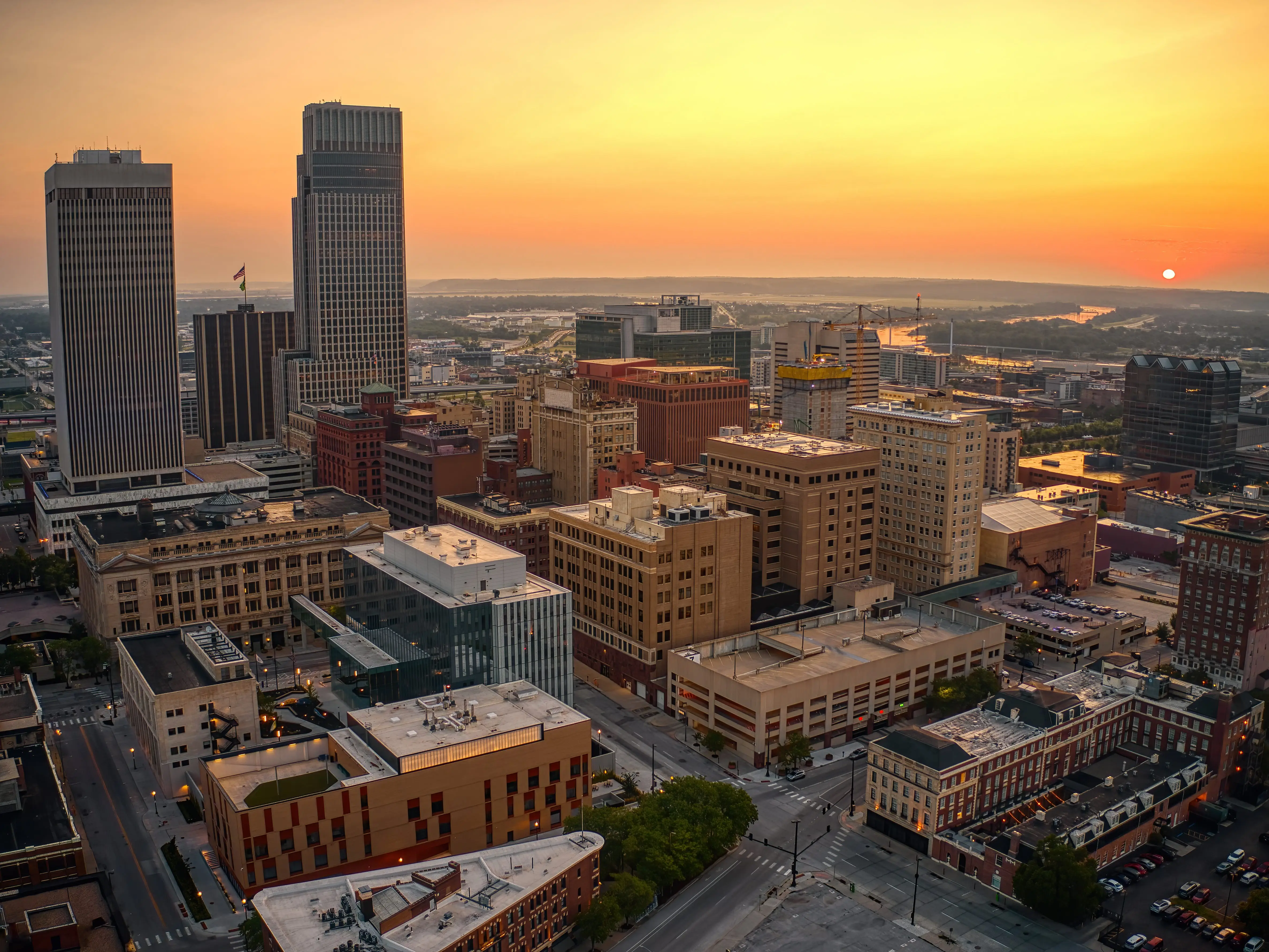 Aerial View of the Omaha, Nebraska Skyline at Dusk
