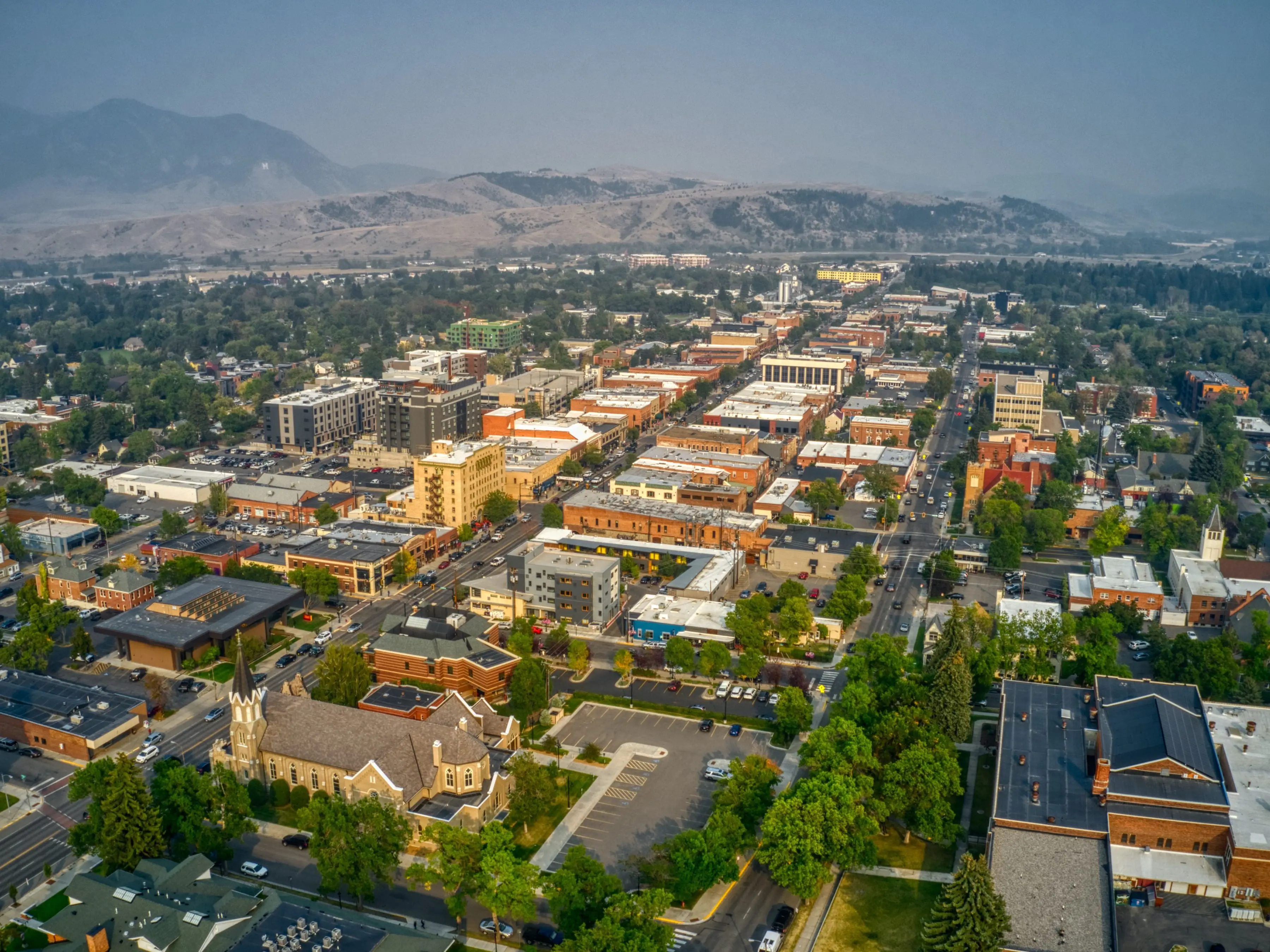 Aerial View of Downtown Bozeman, Montana in Summer
