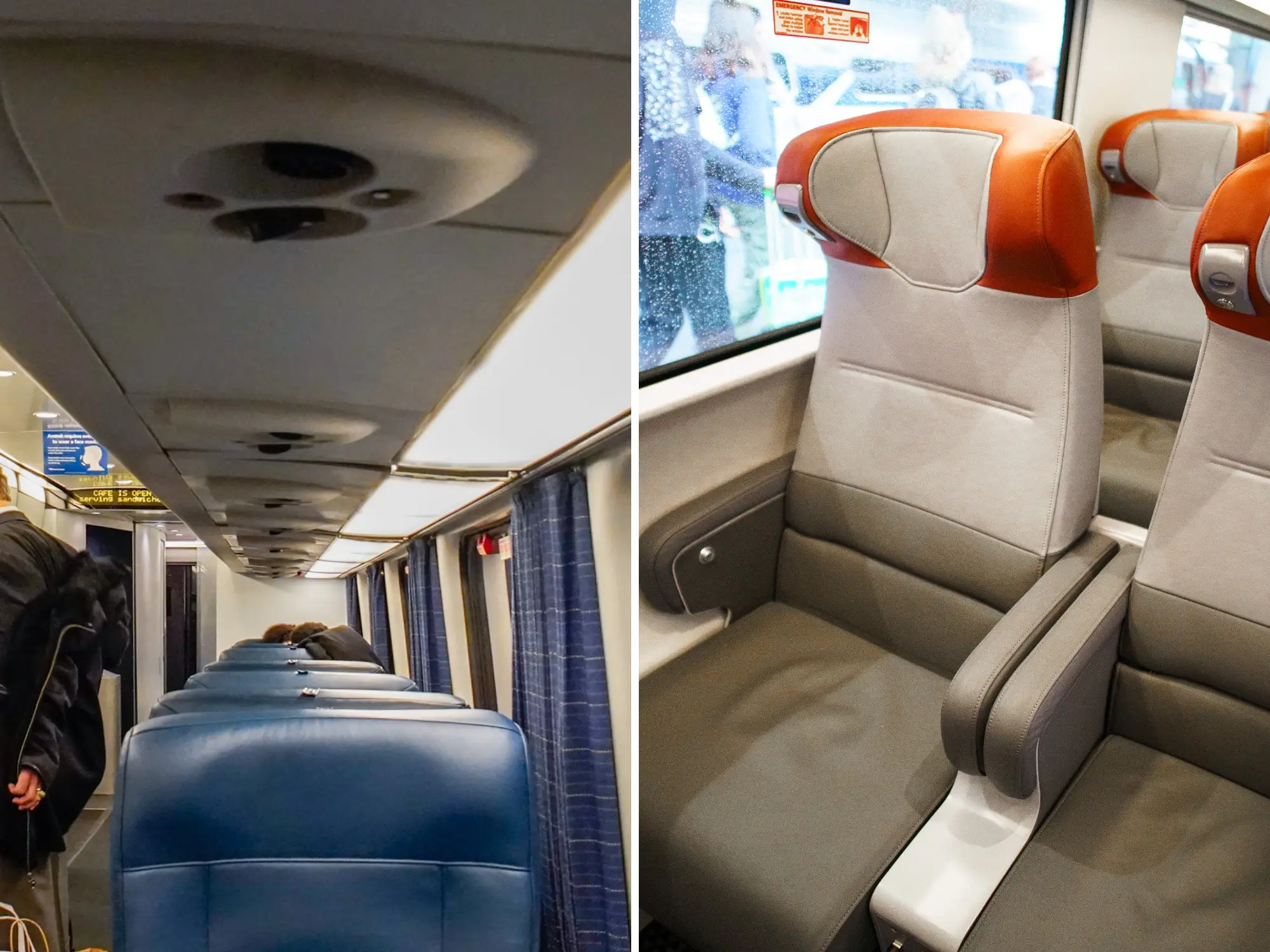 Side-by-side train interiors show older blue seats and newer gray seats with orange headrests.