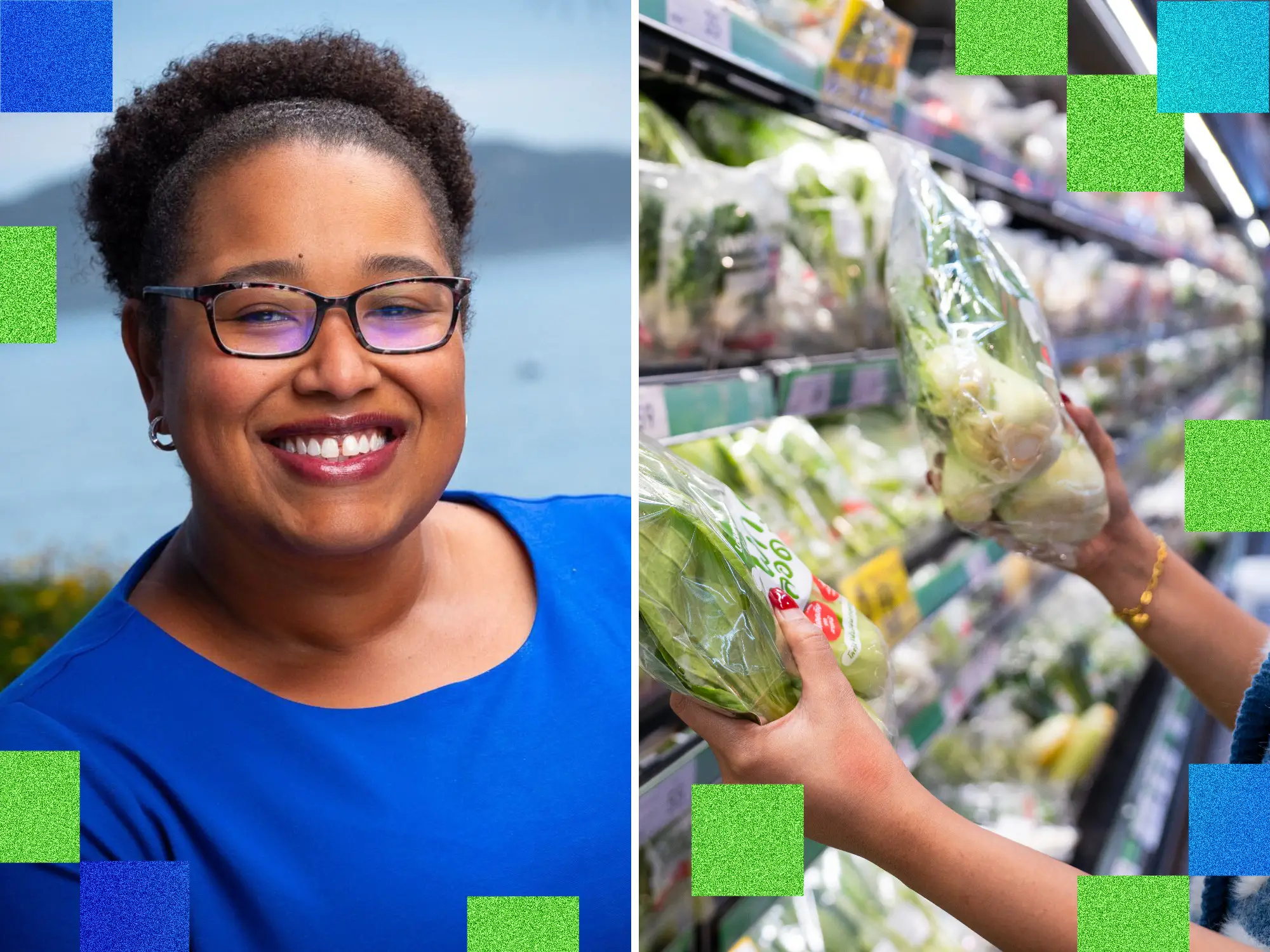 Side by Side featuring Willette Crawford (left) and person holding bagged lettuce in grocery store (right).