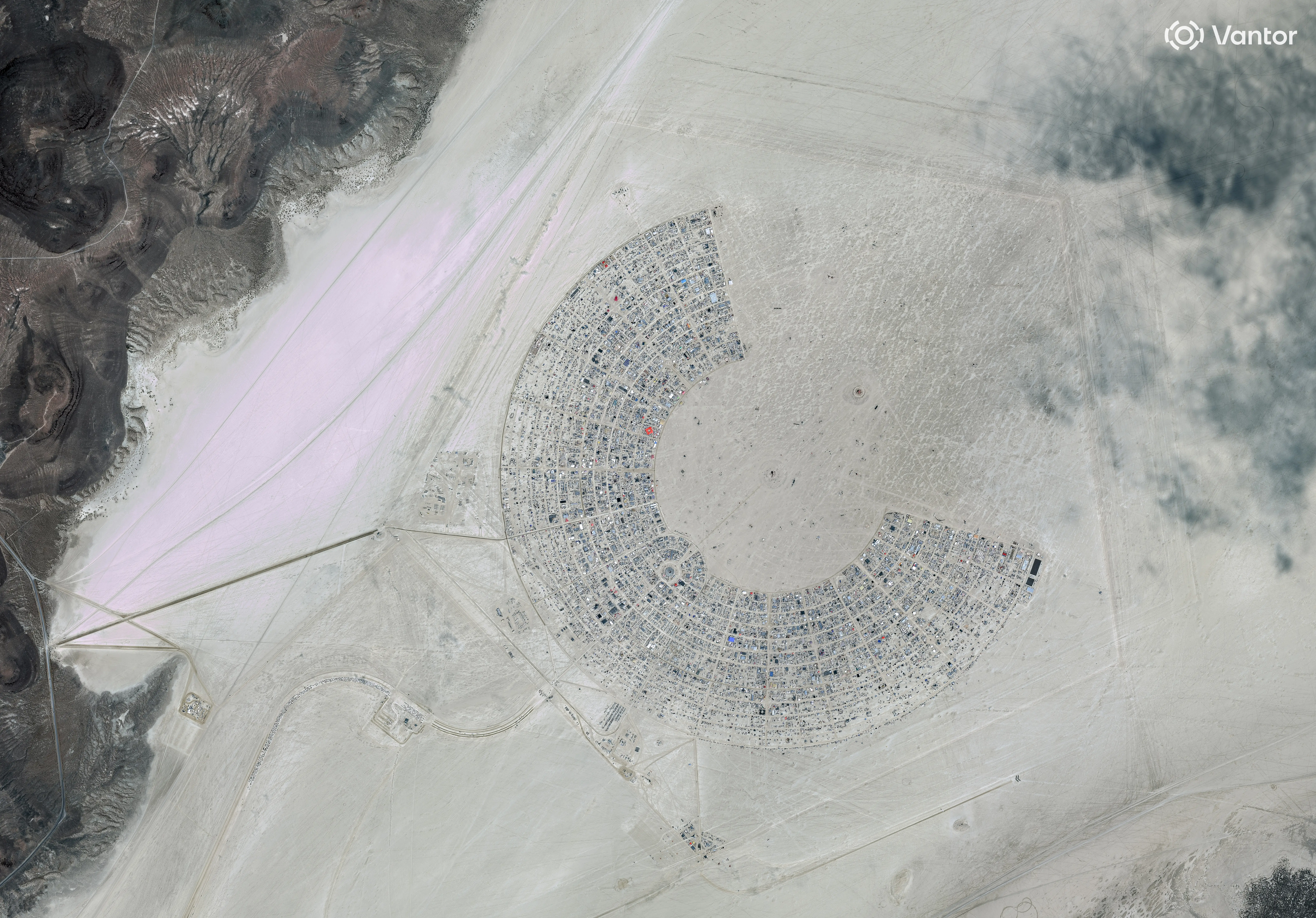 Vantor satellite image shows the early setup and layout of the annual Burning Man event in Black Rock City within the Black Rock Desert. Please use: Satellite image (c) 2026 Vantor.