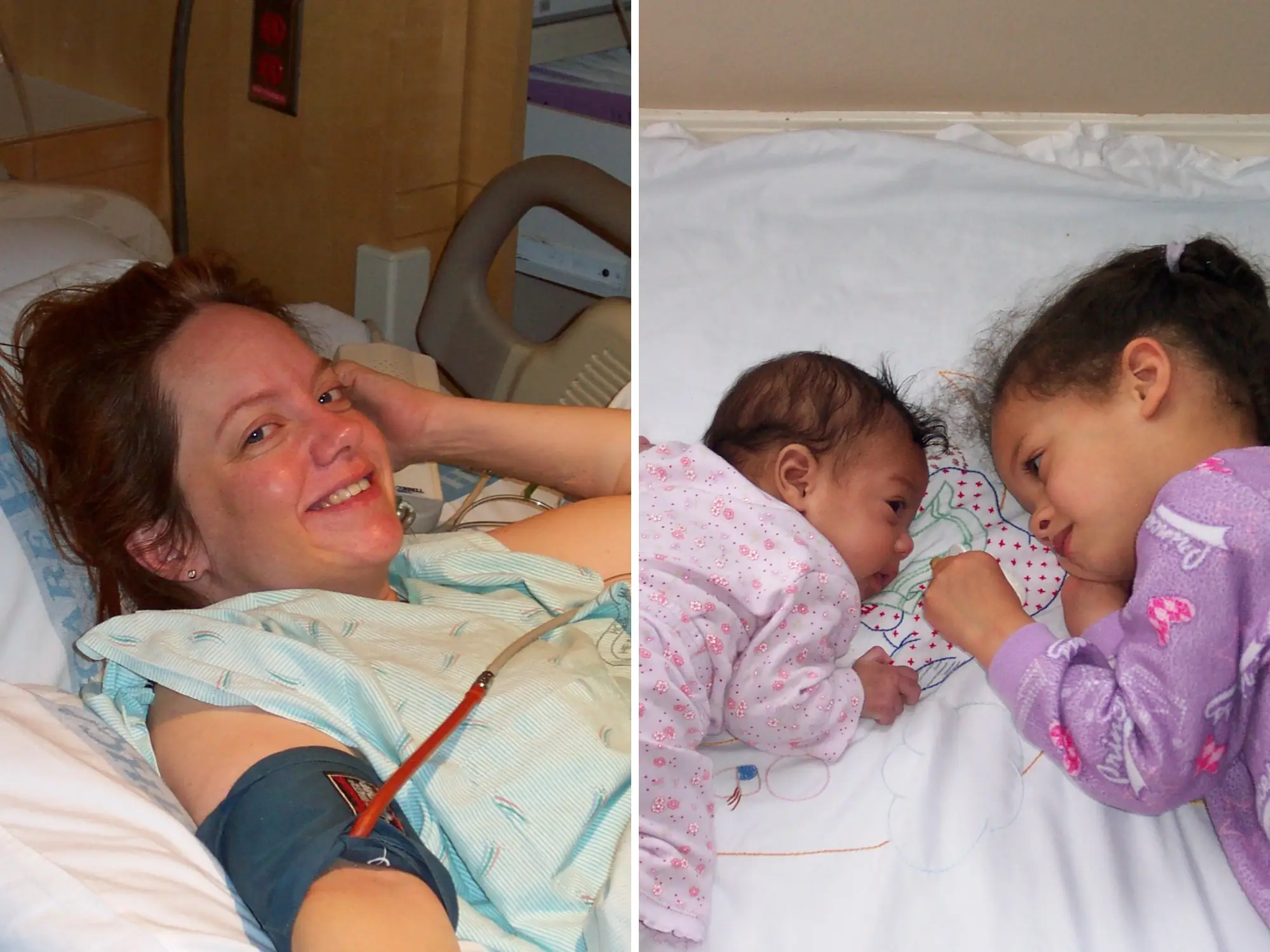 composite image, on the left, the author is in bed at a hospital on bed rest while pregnant, on the right, the author's toddler and newborn baby are laying on a white blanket and looking at each other