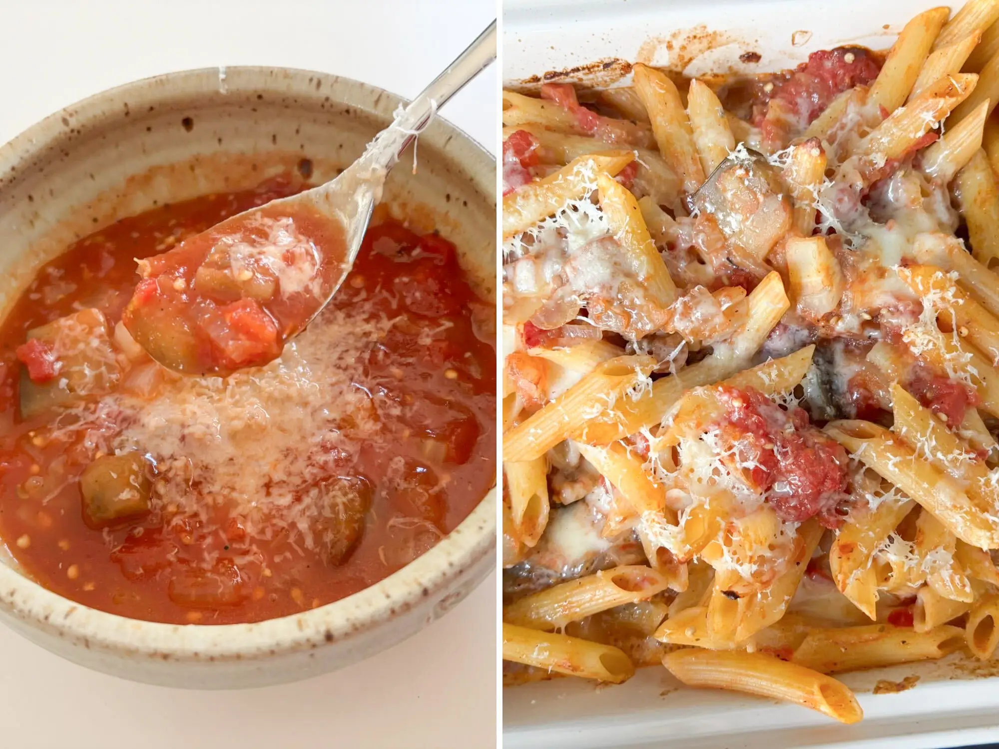 A side-by-side image of tomato-eggplant pasta and an image of a cheesy baked pasta made with tomato-eggplant soup.