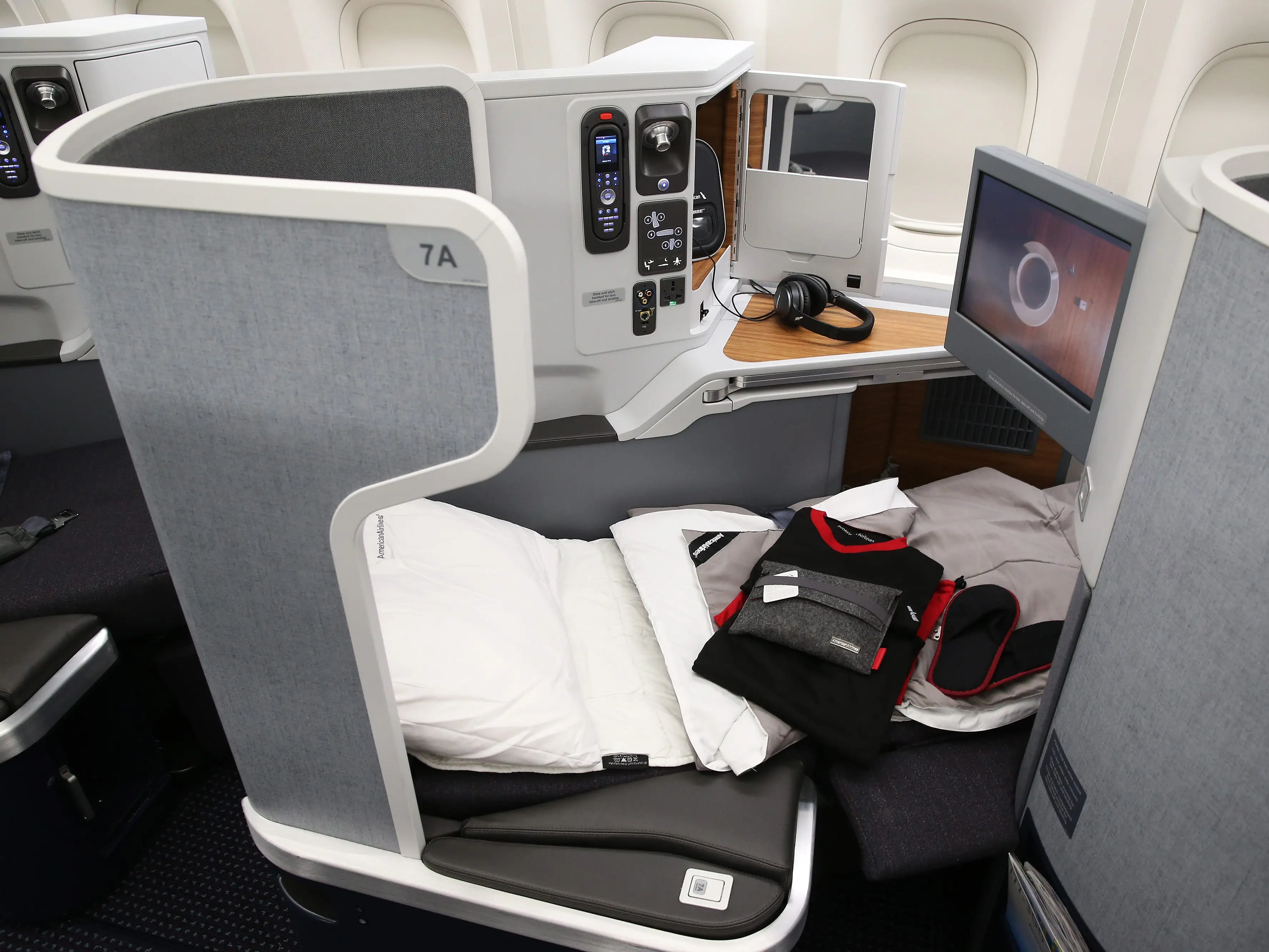 The previous business class in lie-flat mode.