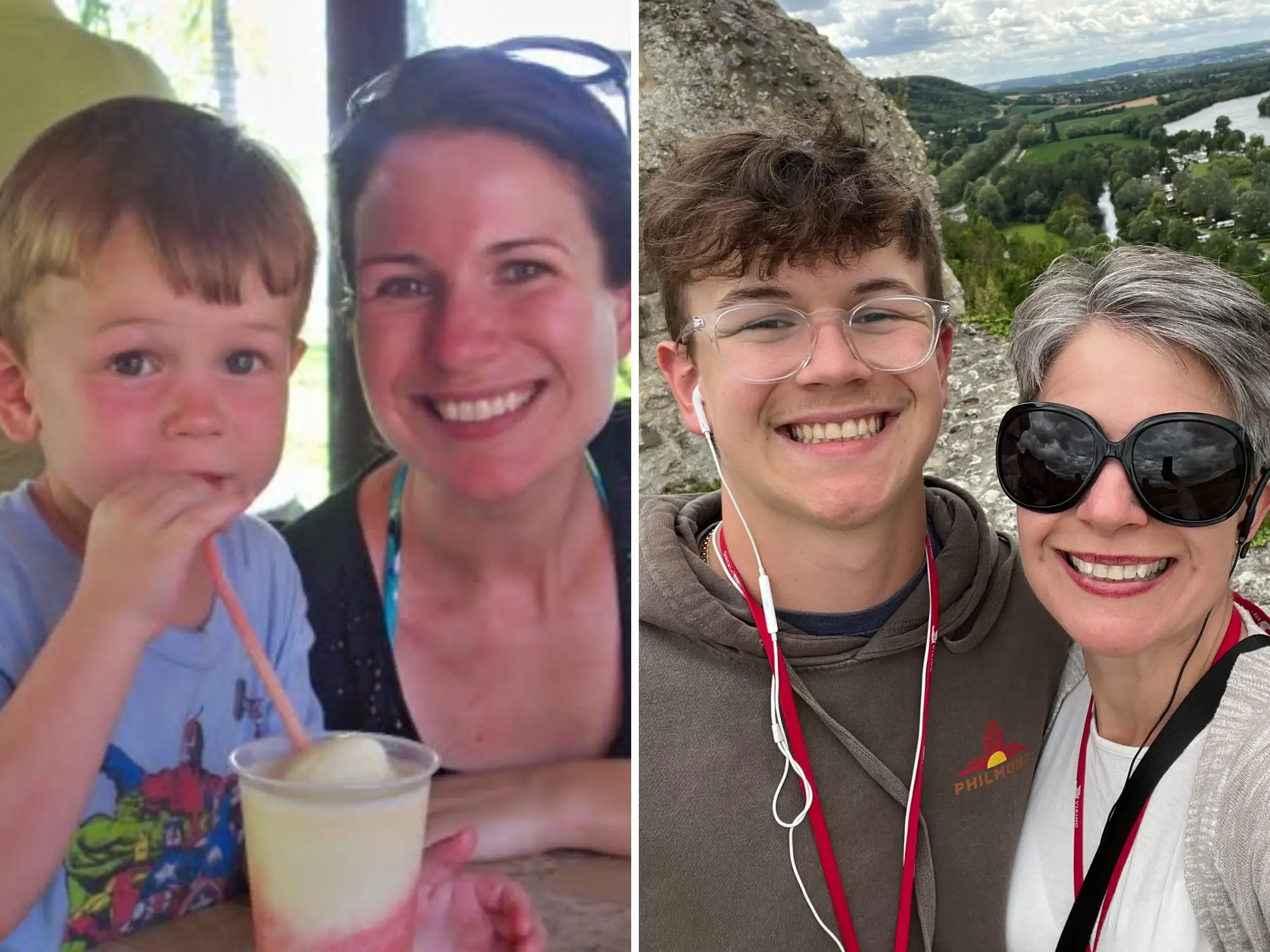 Erika Ebsworth-Goold and her son traveling while he was a kid next to when they are older