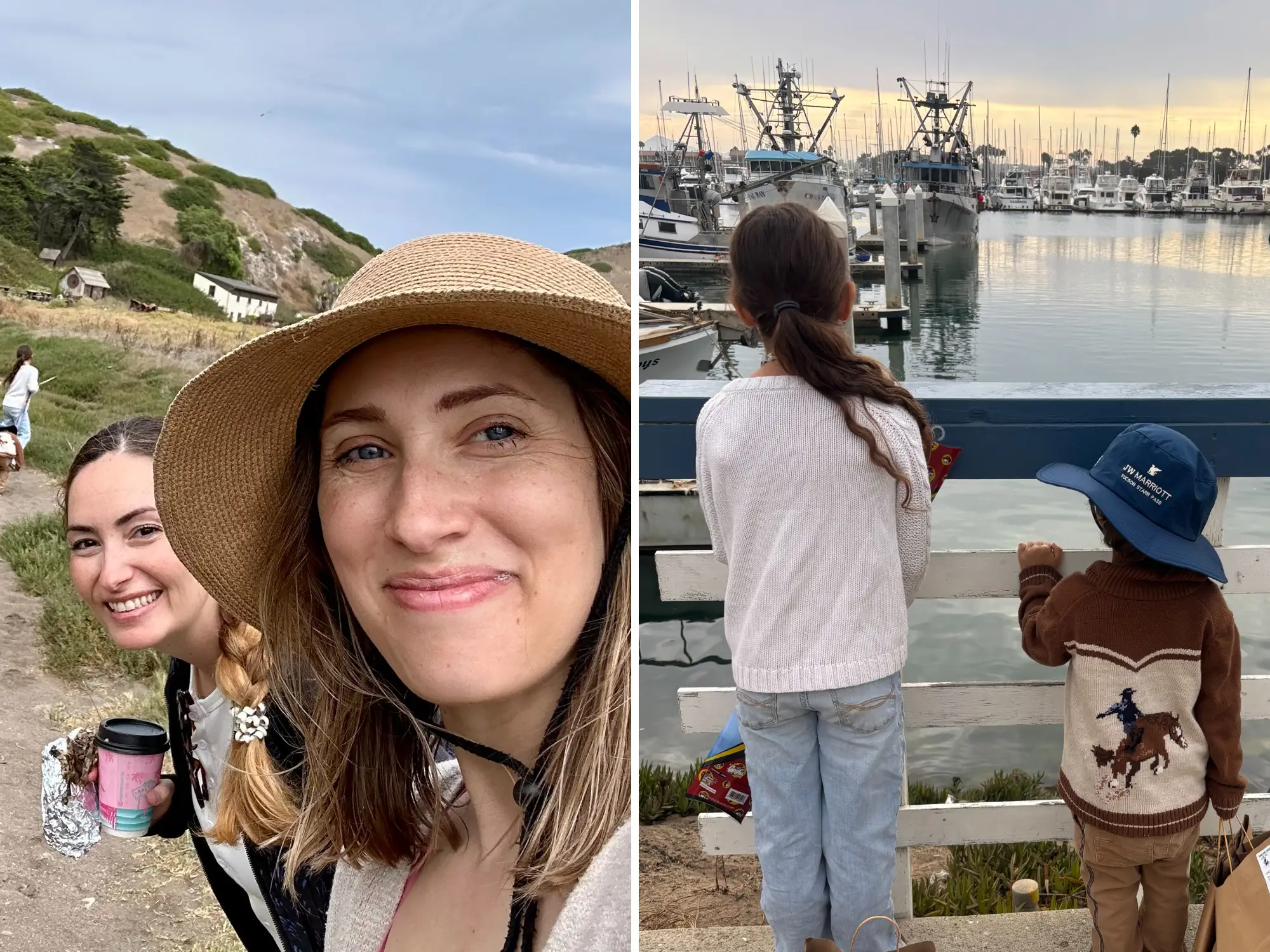 composite, on the left the author is smiling at the camera while on a hike, on the right two of her kids are looking at the water over a pier at sunset