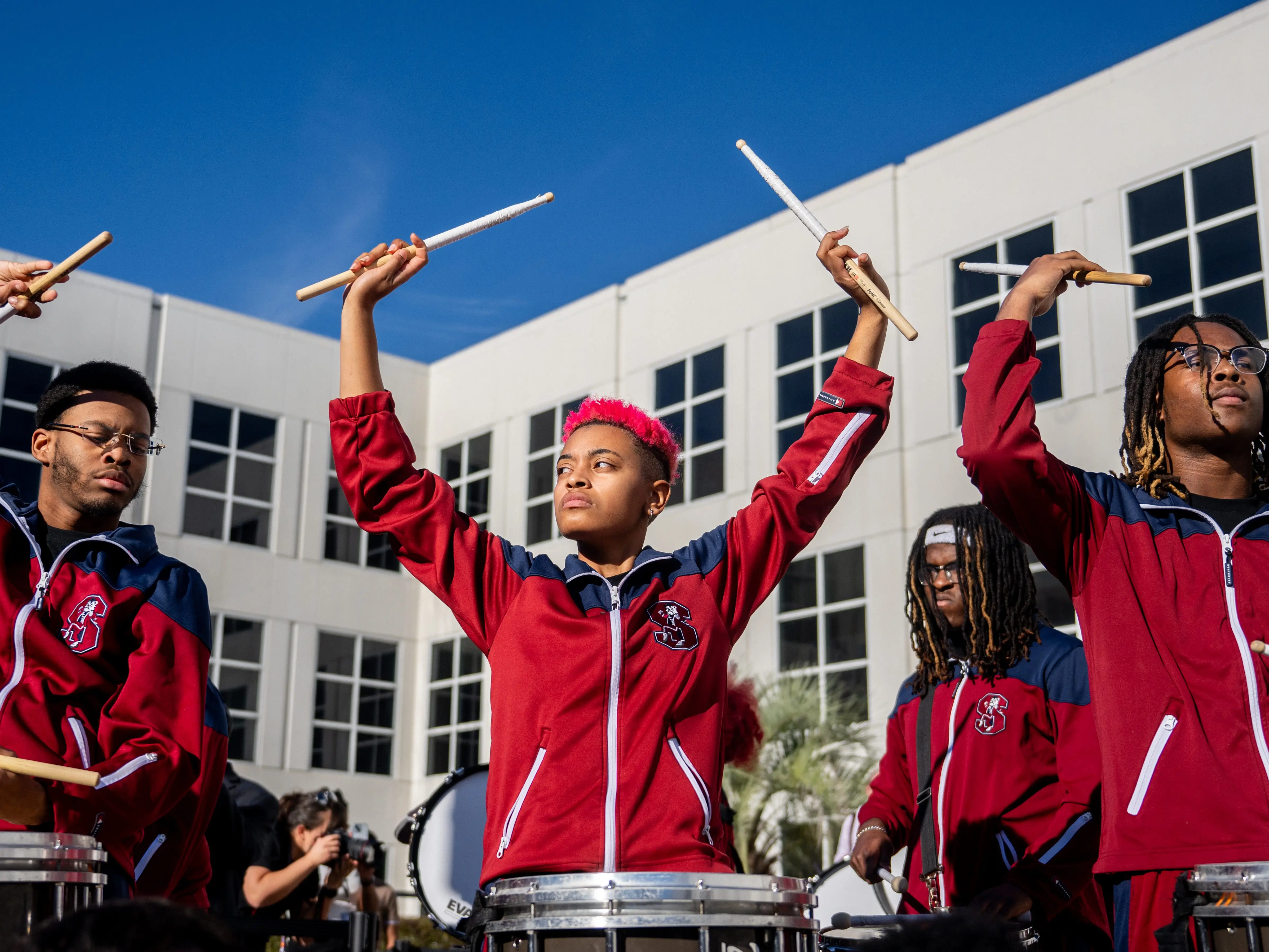 The South Carolina University Bango Brothers Incorporated perform ahead of the arrival of U.S. Vice President Kamala Harris during a 'First In The Nation' campaign rally at South Carolina State University on February 02, 2024 in Orangeburg, South Carolina.