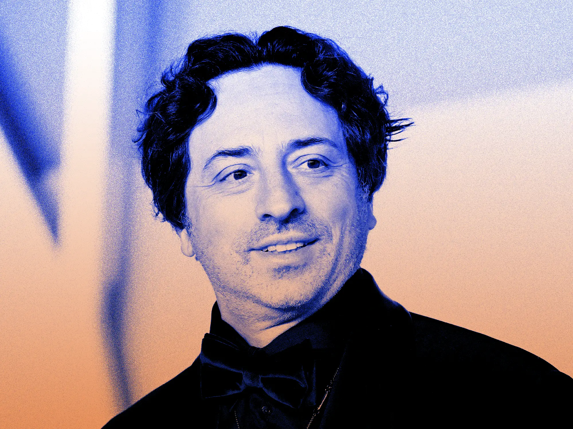 Photo of Sergey Brin in a black tuxedo and bow with a blue and peach gradient overlay.
