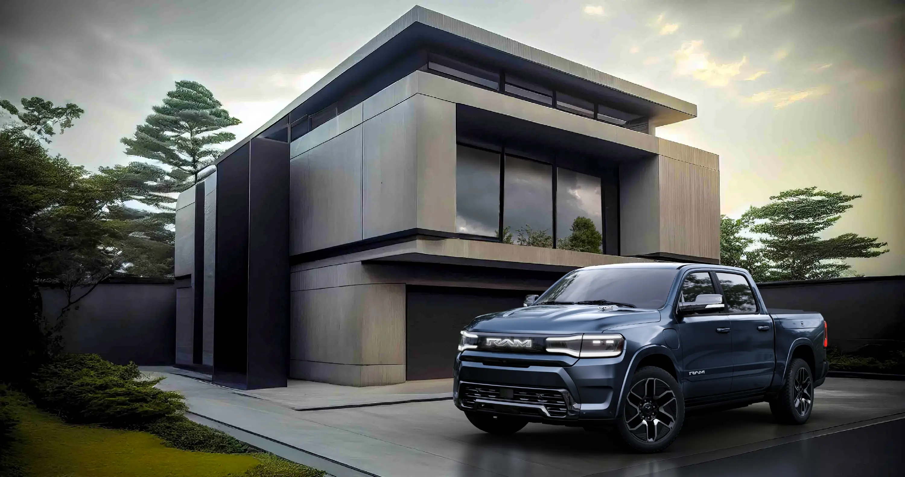 A blue Ram pickup truck with its headlights on is parked outside a modern contemporary home.