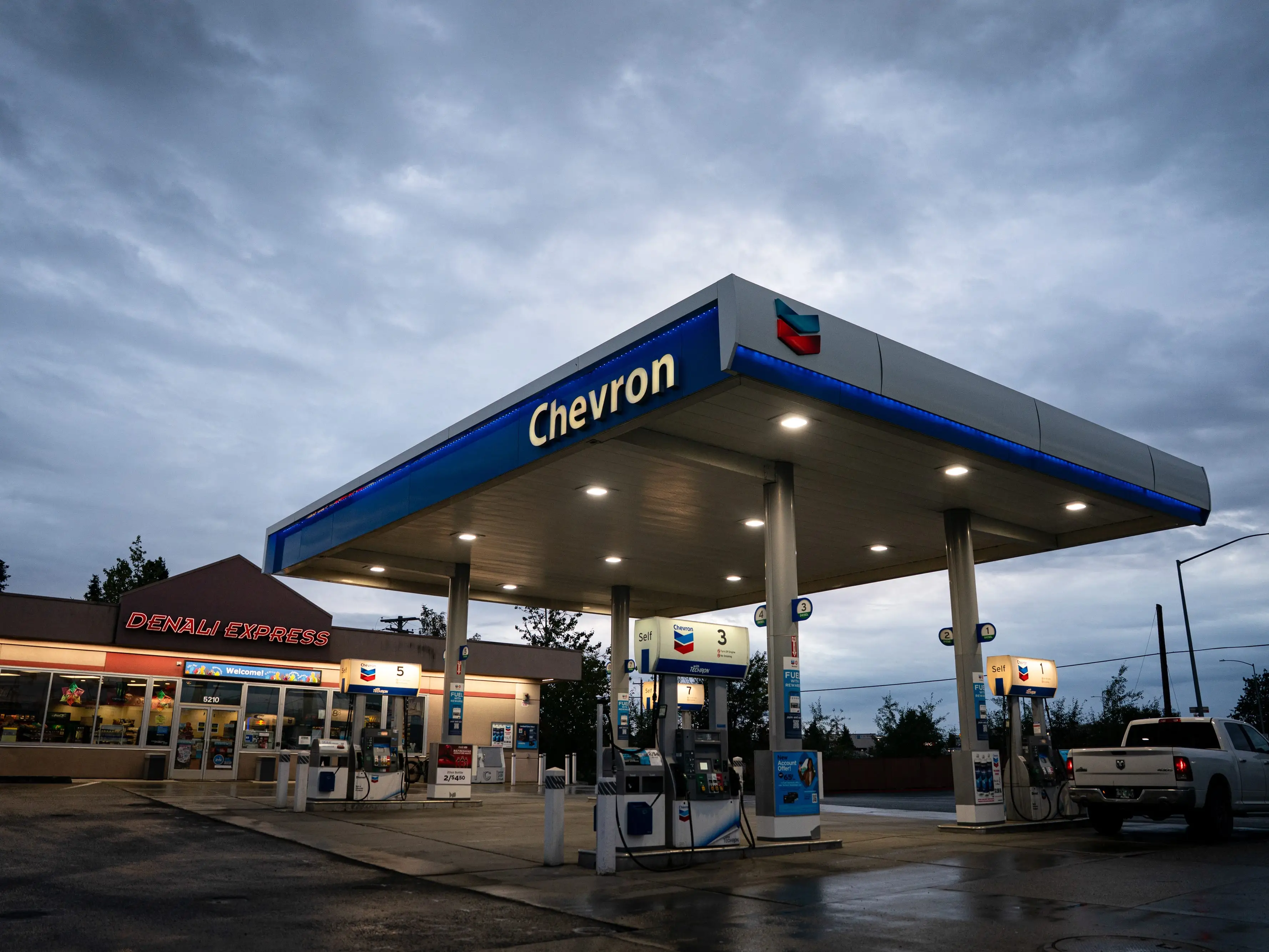 A gas station at dusk.