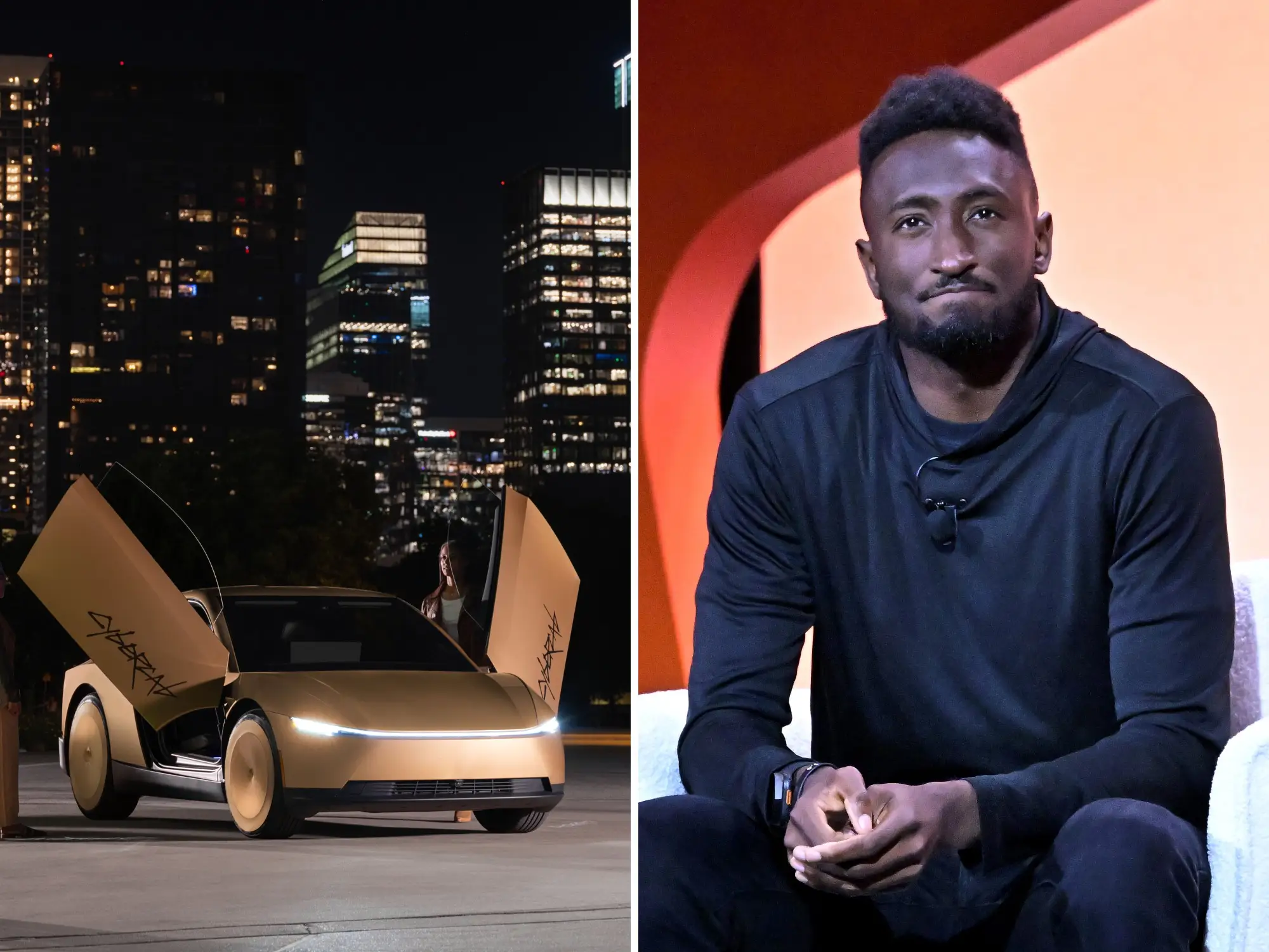 Left: A Tesla Cybercab is parked with its doors open. Right: MKBHD onstage.