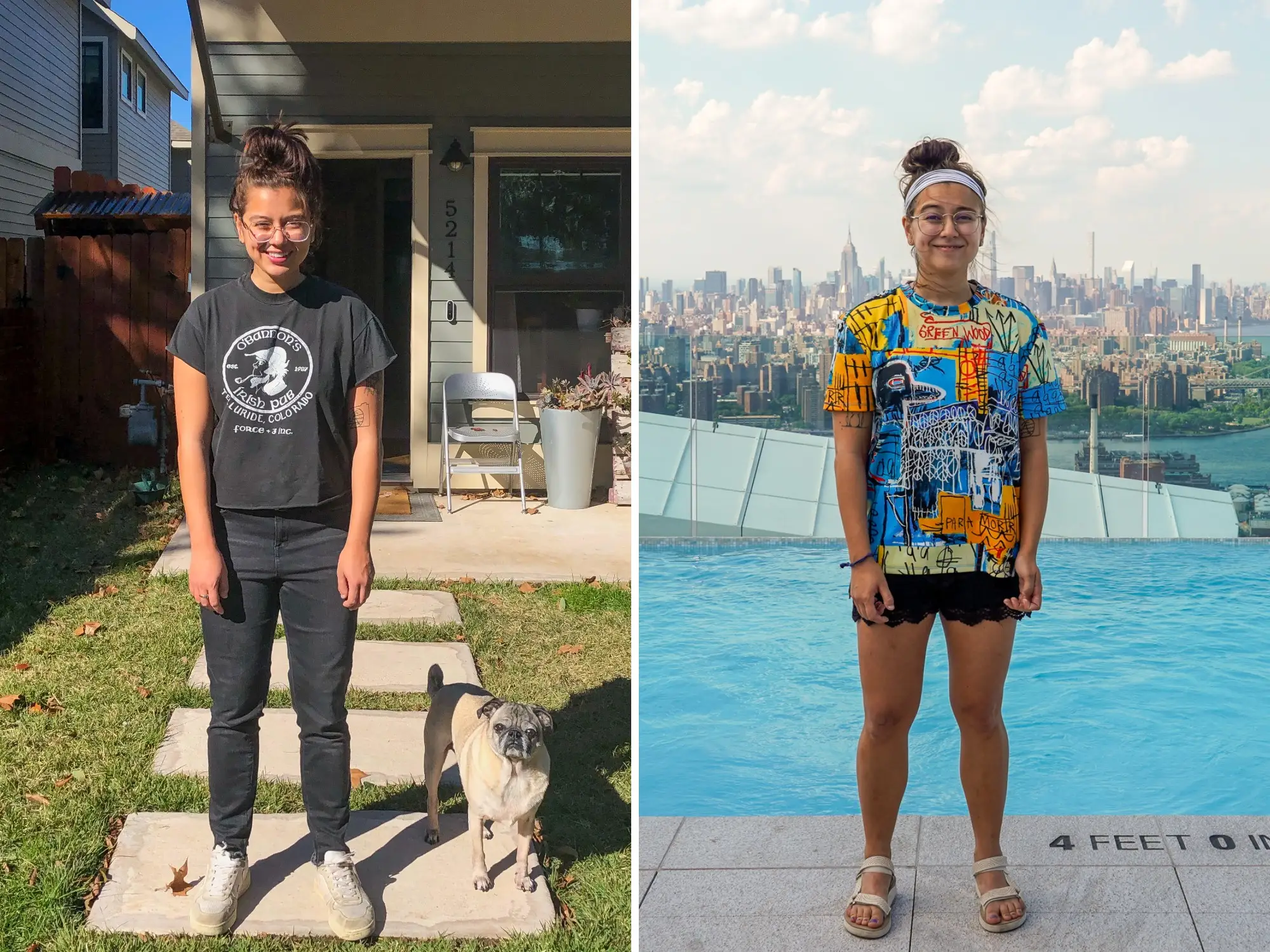 A composite image of the author standing in front of a house next to a pug and posing for a photo in front of a pool and the NYC skyline