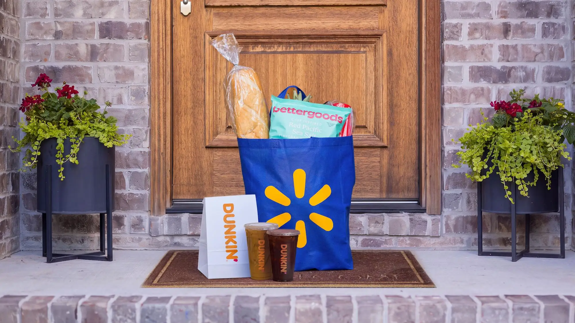 A Walmart grocery delivery order with a Dunkin Donuts coffee
