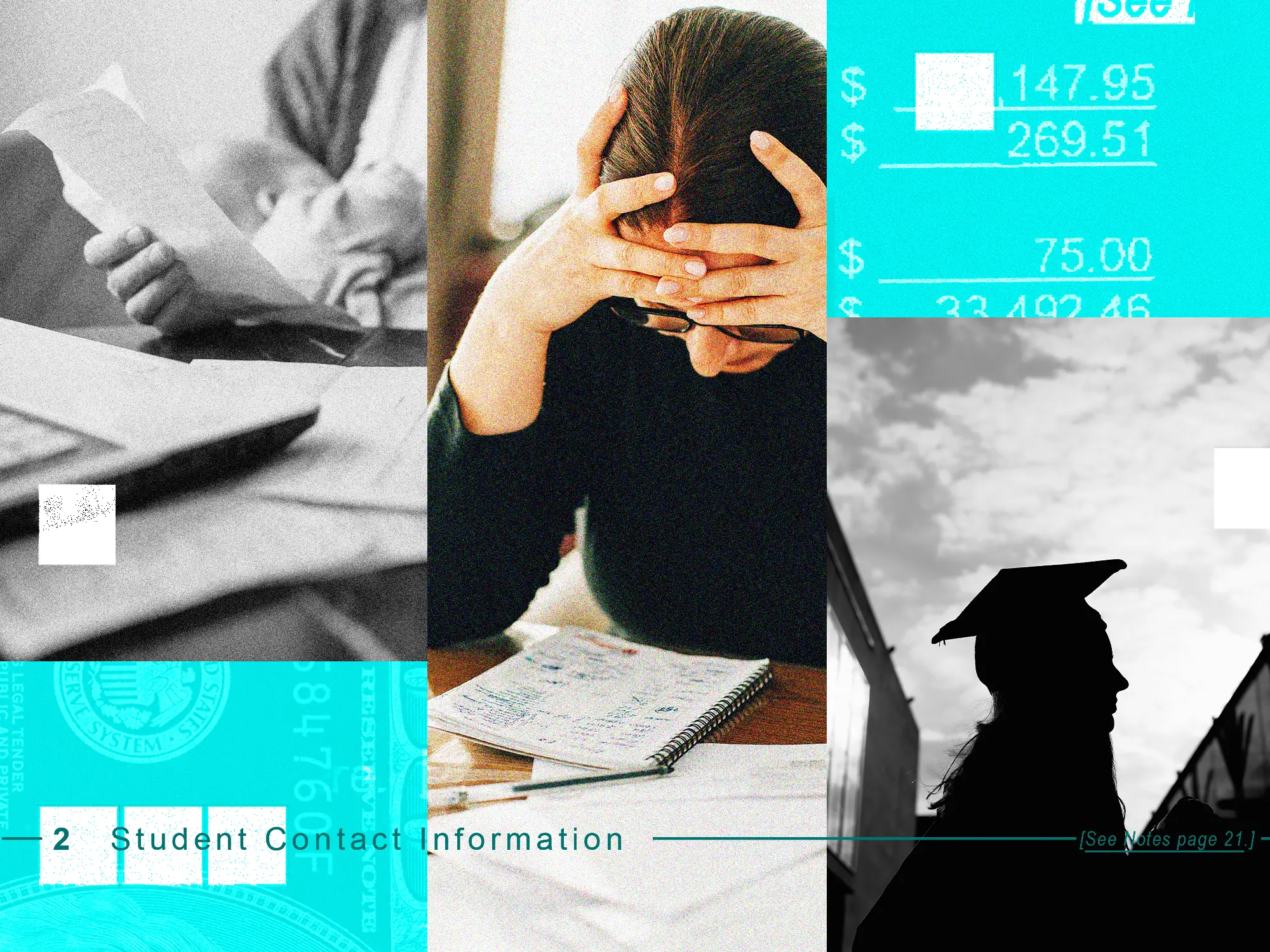 Photo collage with paperwork, a stressed person with a notebook, payment amounts, and a graduation cap silhouette, surrounded by Private lending elements.