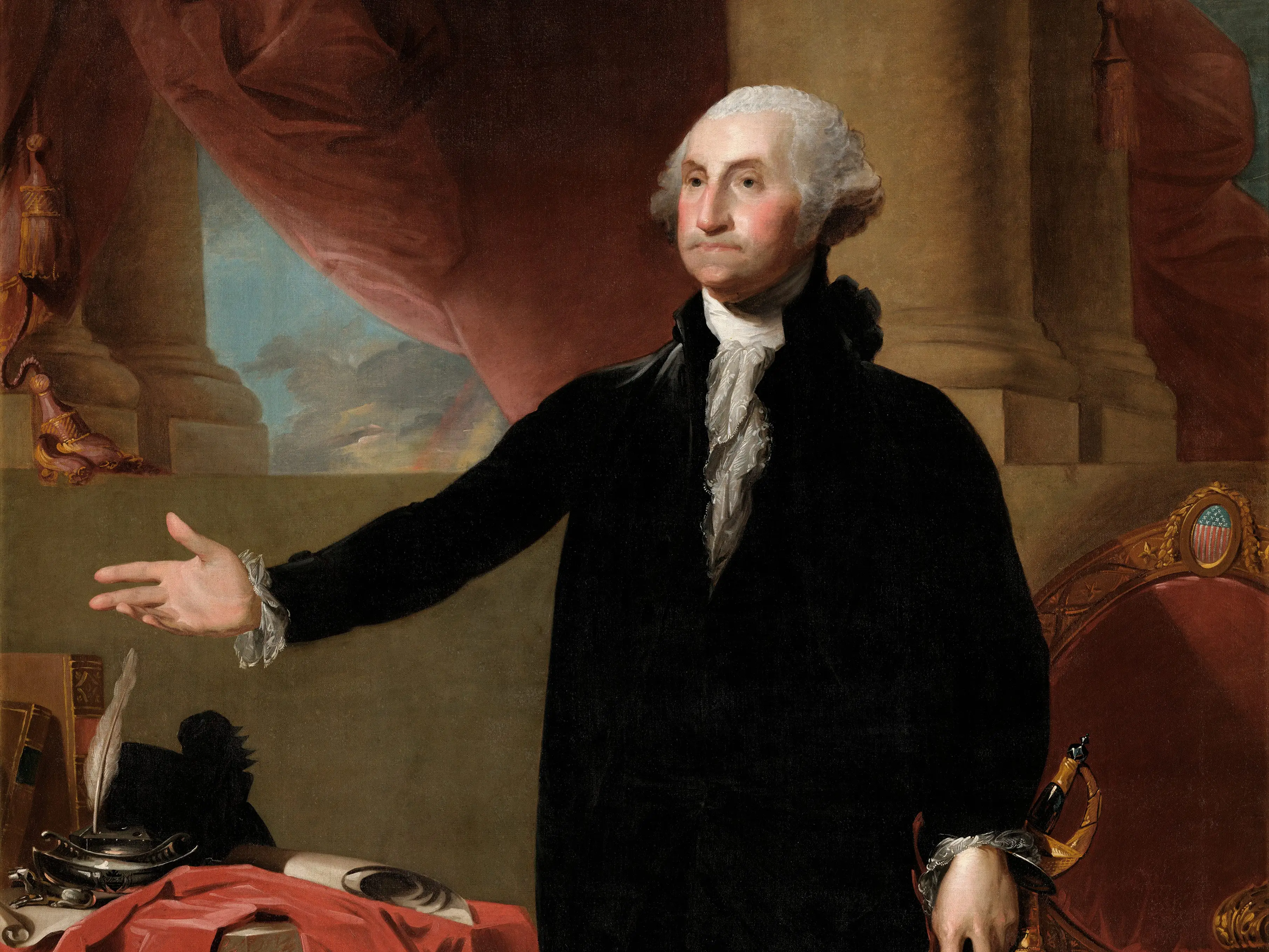 Portrait of George Washington at age 64 renouncing his third term as president, by Gilbert Stuart (American, 1755-1828) (oil on canvas from the White House Collection), 1779.