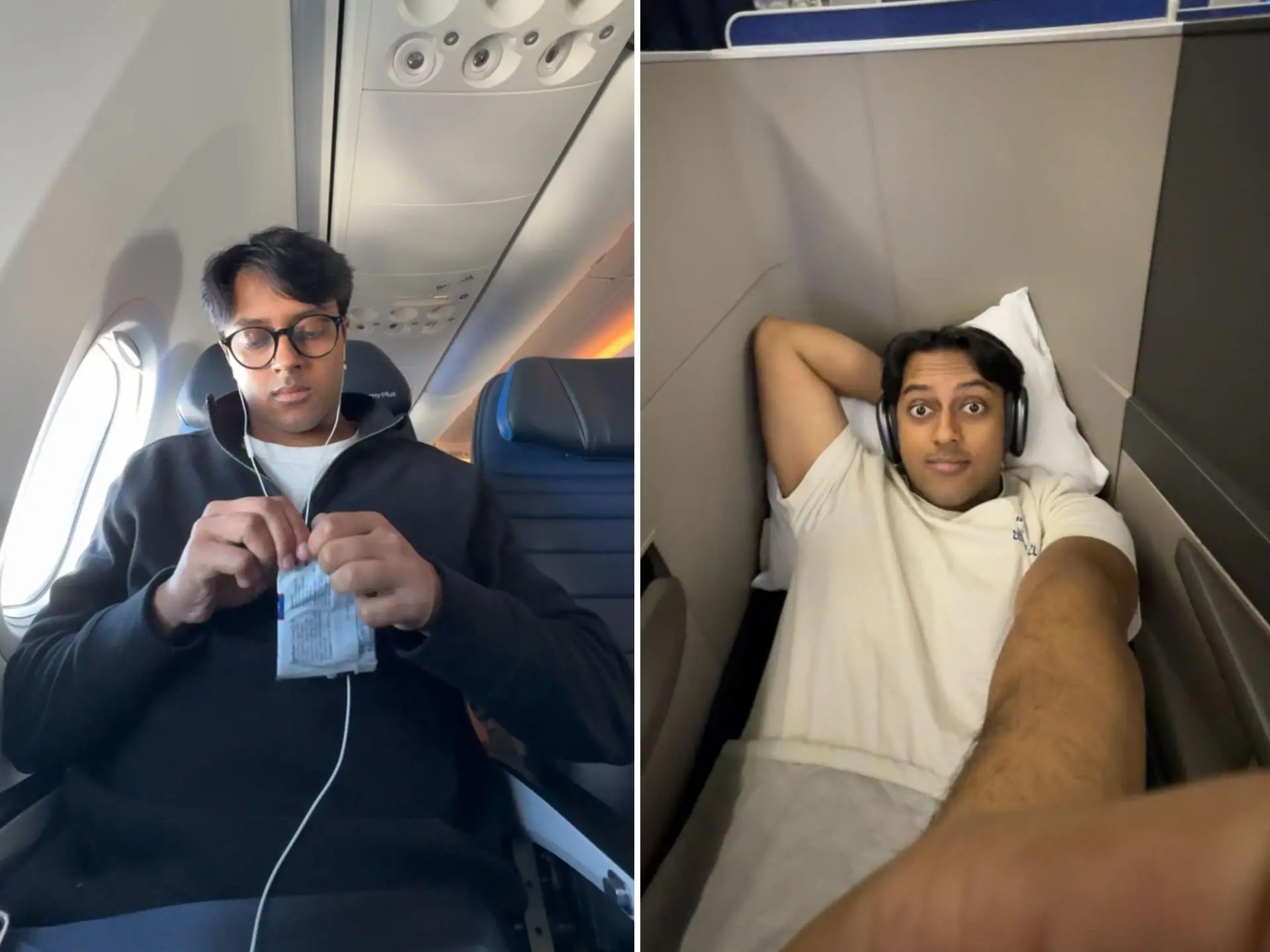 Shayan Hossain in economy and business class seats.