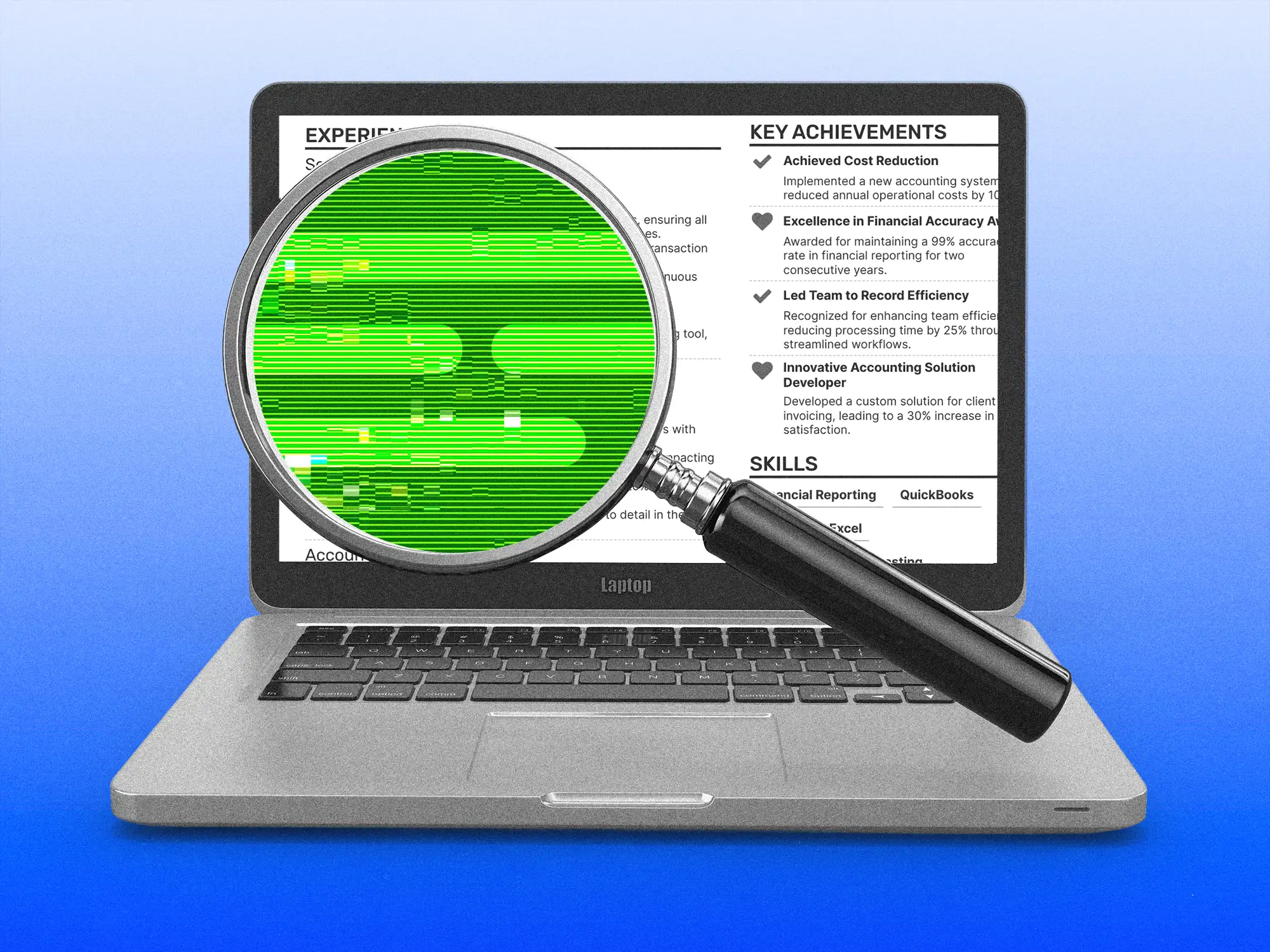 Laptop displaying a résumé is examined with a magnifying glass showing AI altered text.