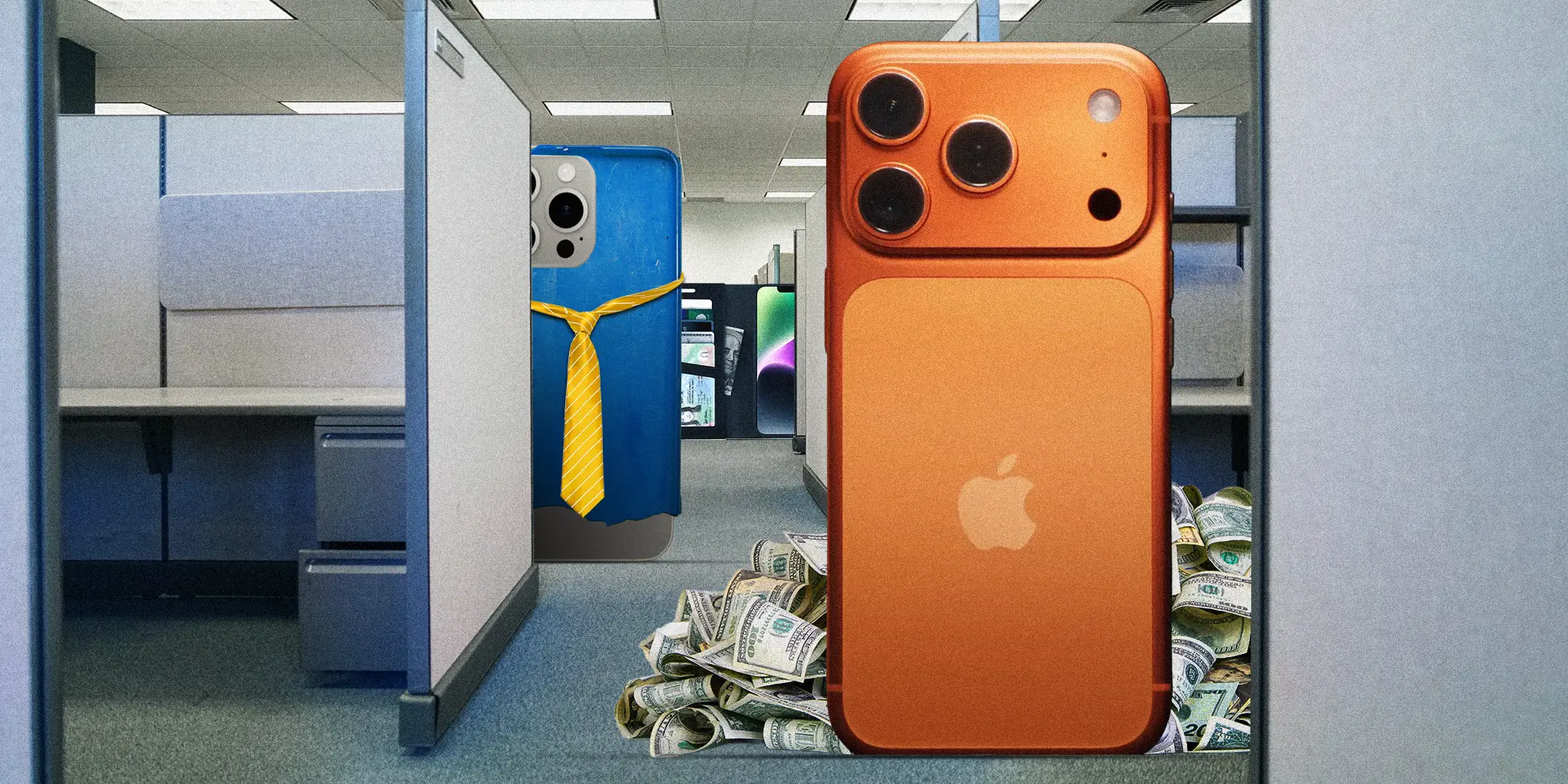 A row of corporate cubicles with different phone cases peeking out