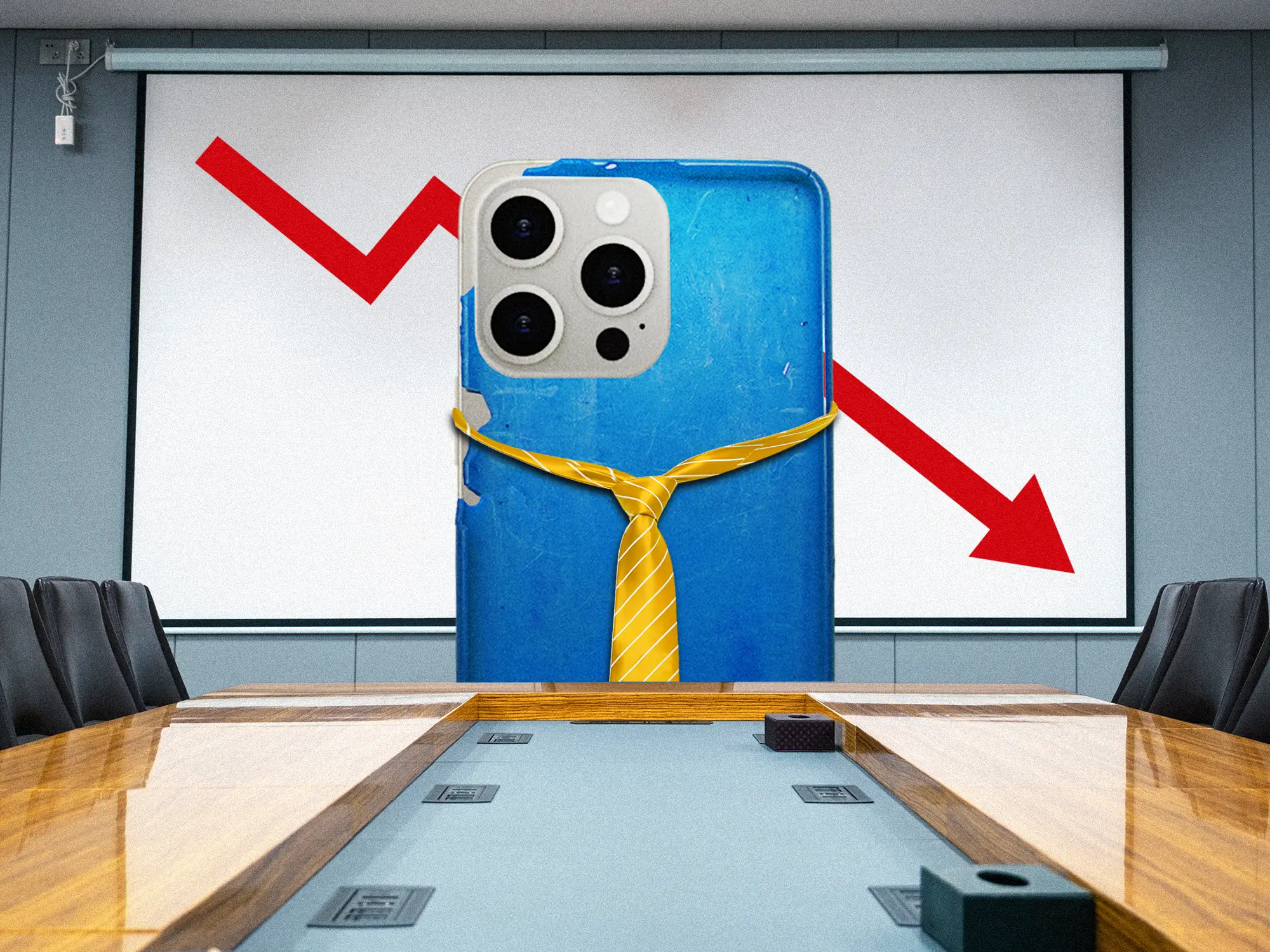 A phone with a beaten up phone case standing in a conference room