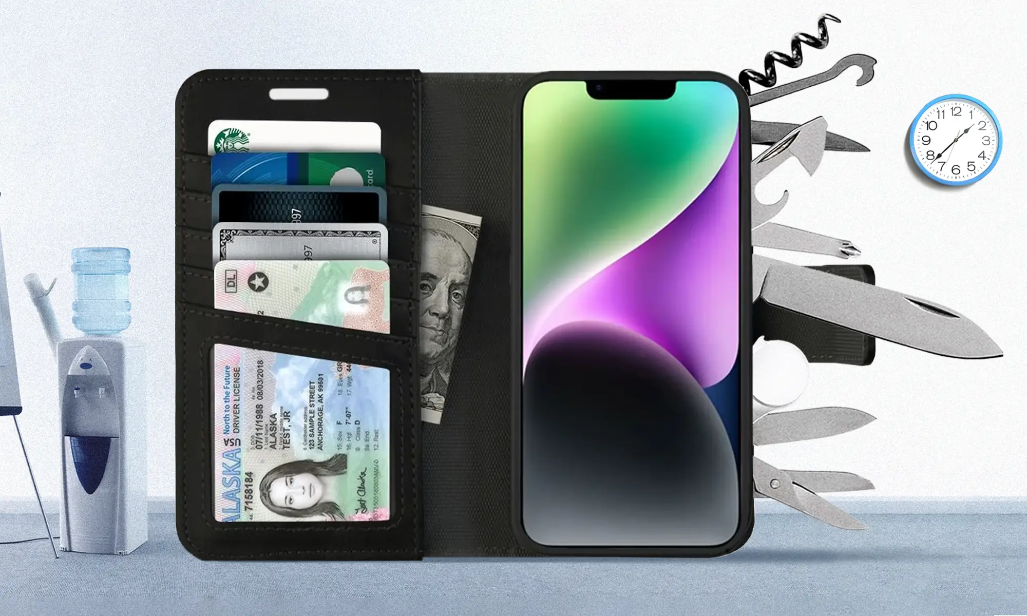 A phone case displaying credit cards, an I.D., and multiple swiss army knives