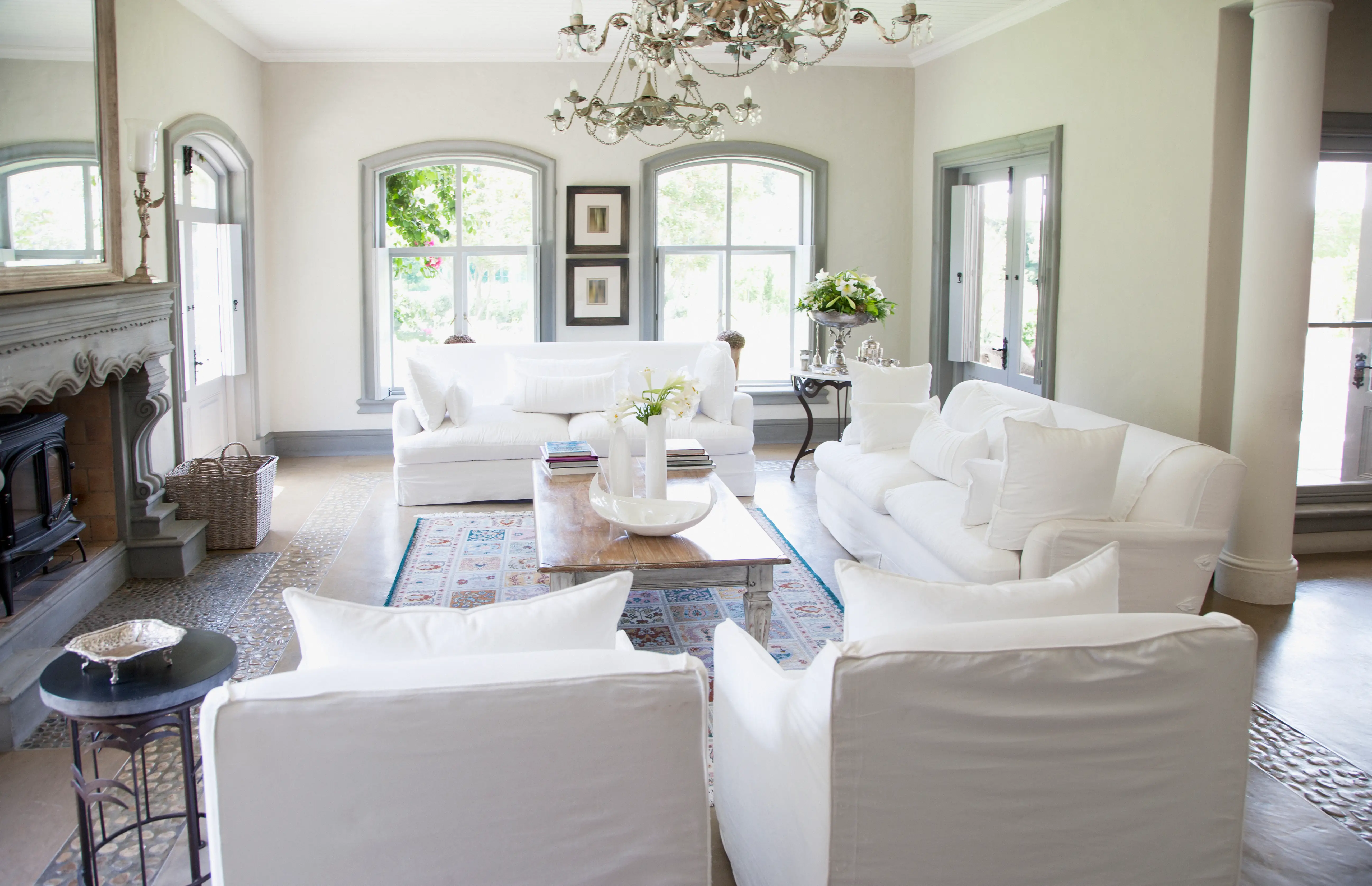 Living room with white couches