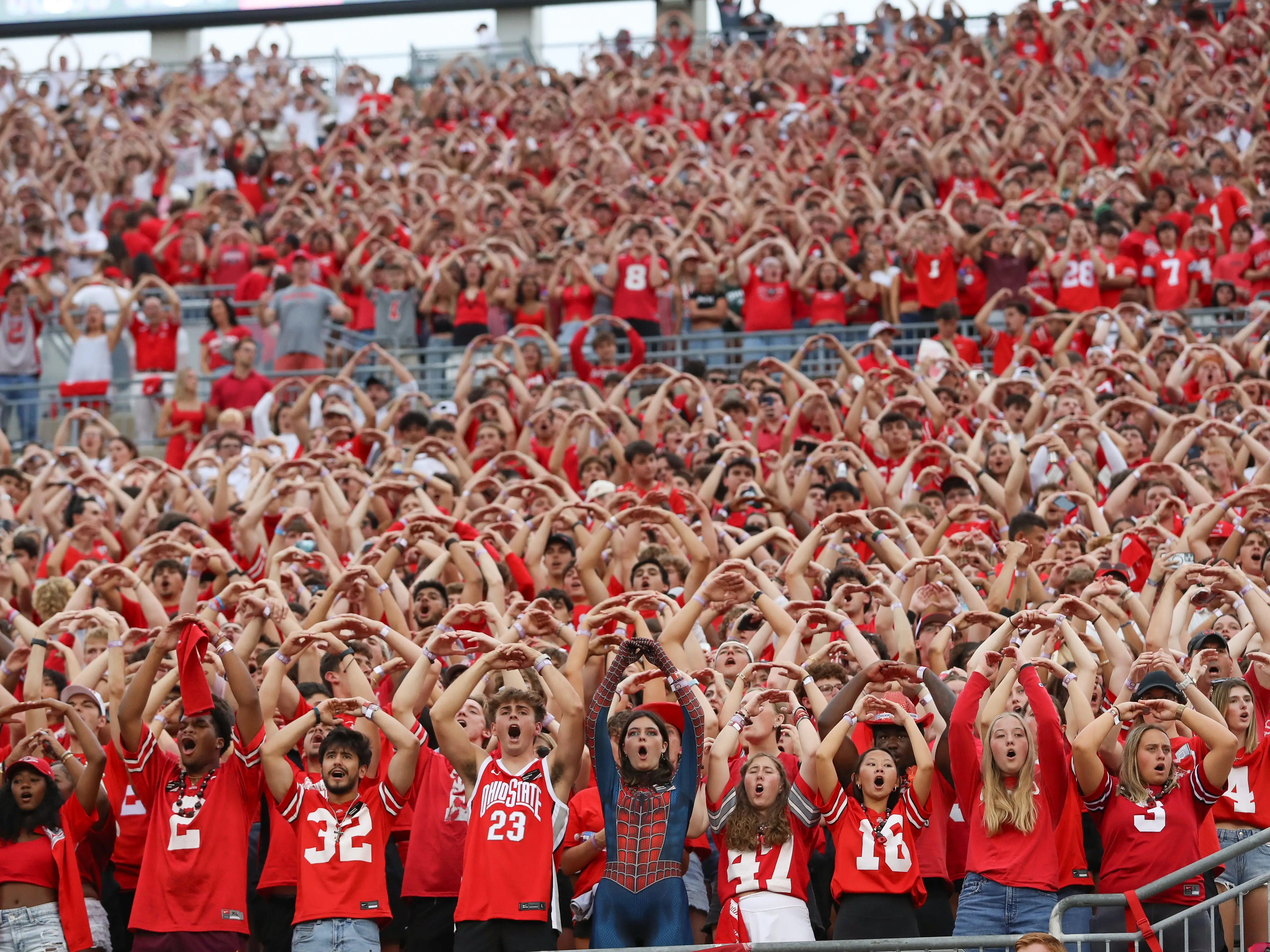 Ohio State Buckeyes students cheer during the game against the Ohio Bobcats and the Ohio State Buckeyes on September 13, 2025, at Ohio Stadium in Columbus, OH.