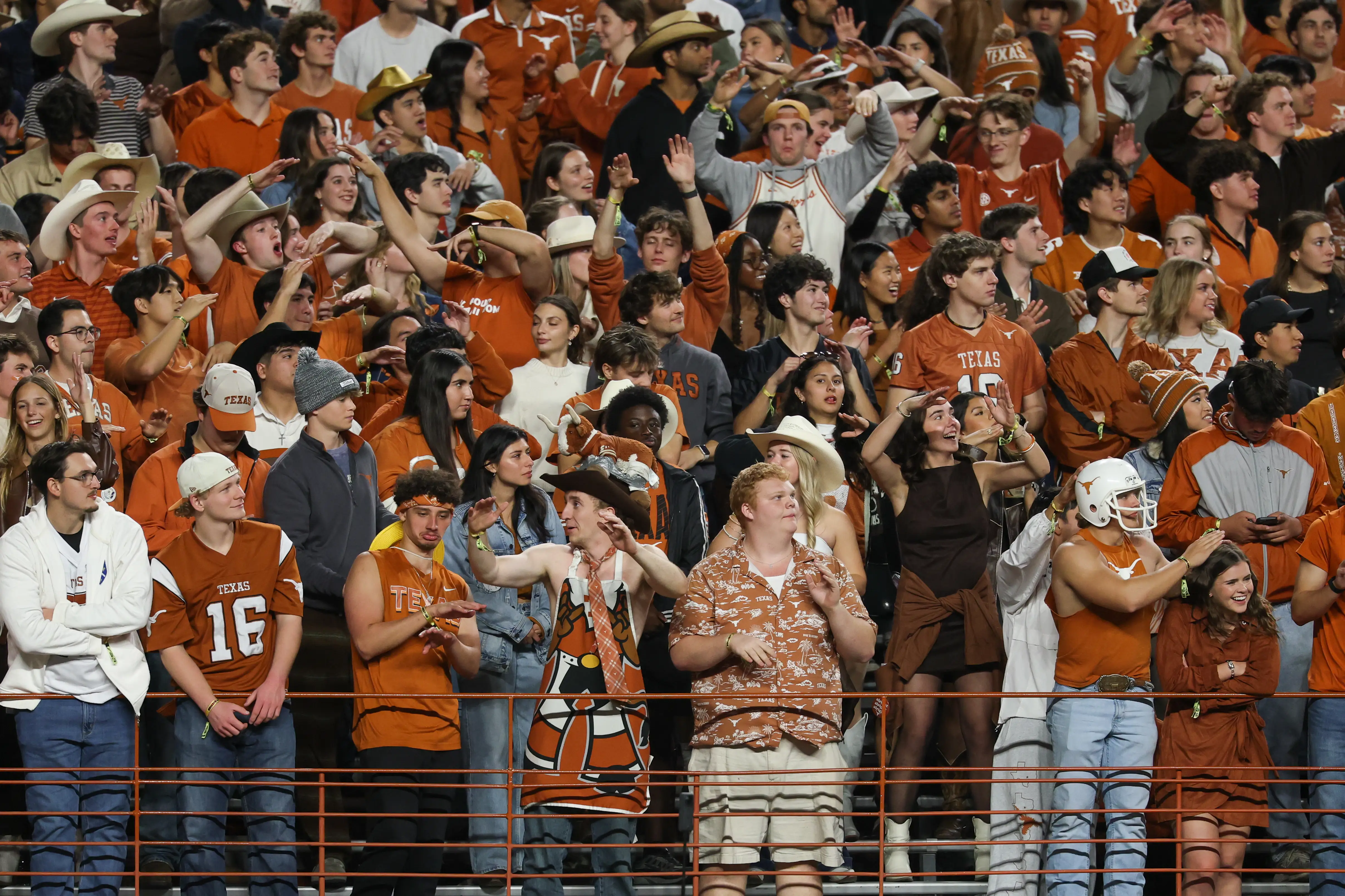 Big Red, Preston Powe, in the stands with other students during the SEC football game between Texas Longhorns and Texas A&M Aggies on November 28, 2025, at Darrell K Royal-Texas Memorial Stadium in Austin, TX.