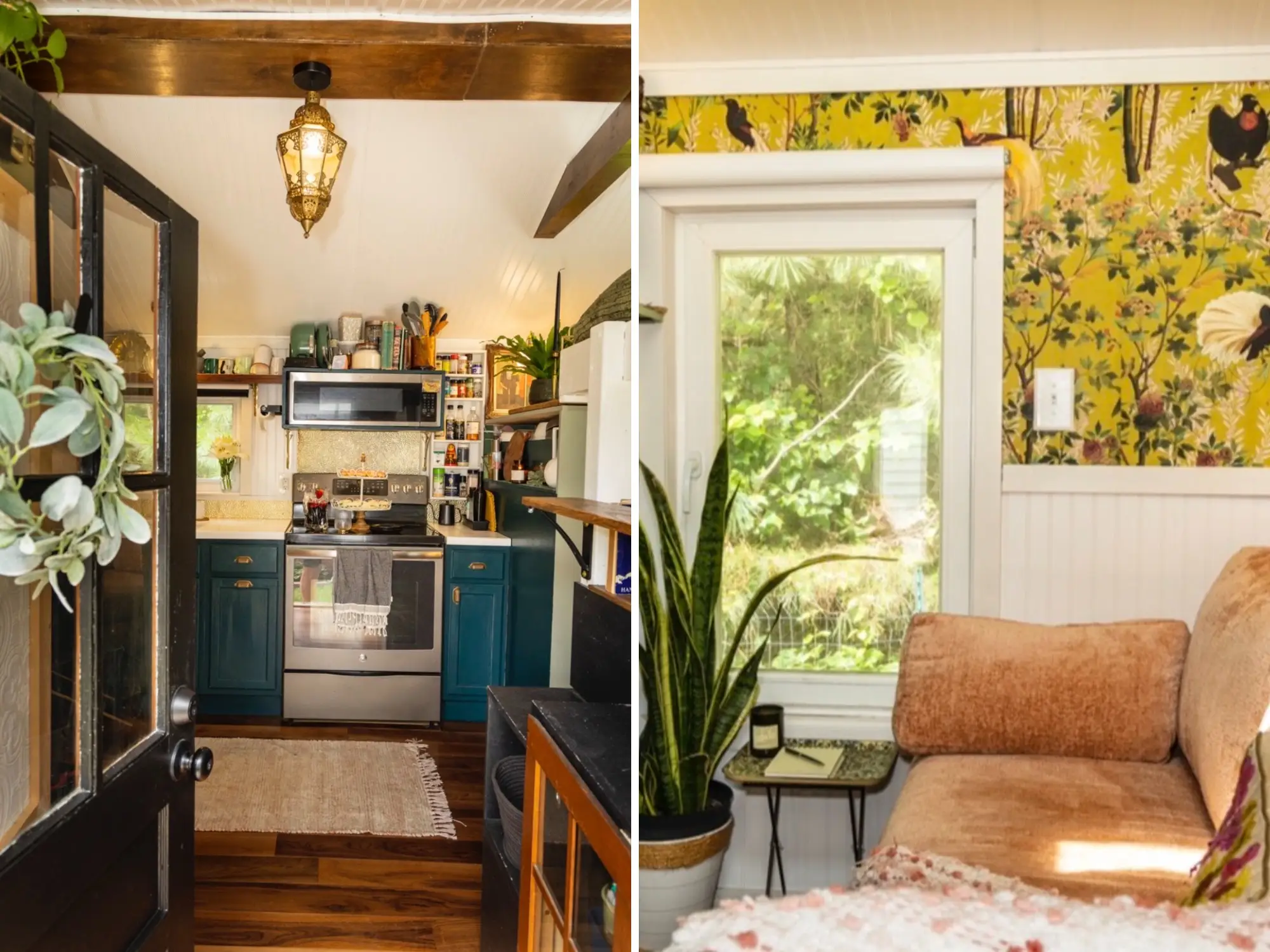 Side-by-side photos of a home's kitchen cabinets, plants, stainless steel appliances, and a cozy sitting area with bird wallpaper.