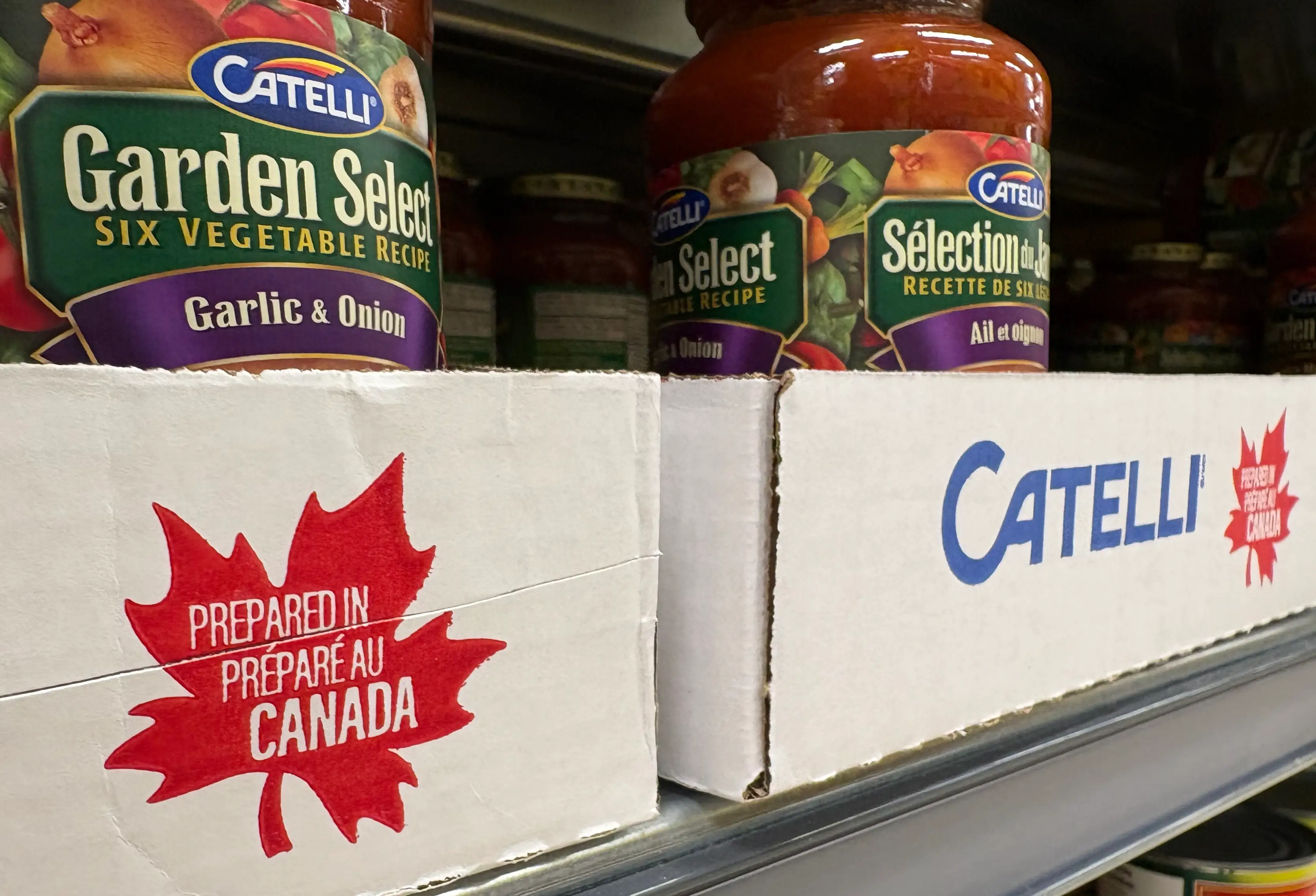 A ''Prepared in Canada'' logo is shown on pasta sauce products at a grocery store in Montreal, Quebec, Canada.