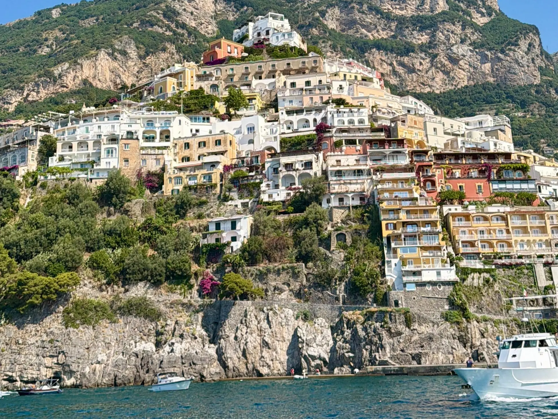 View of Positano, colorful houses on cliffside